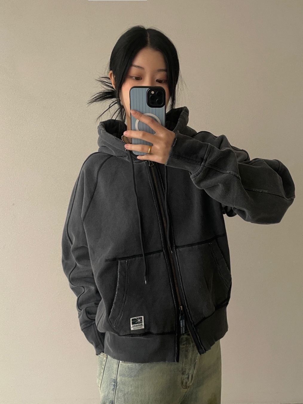 Sunday Ceremony Fade Hooded Zip-Up - Charcoal, Sunday Ceremony Vintage Japanese Denim Jeans - Ageing Blue 착용 스타일