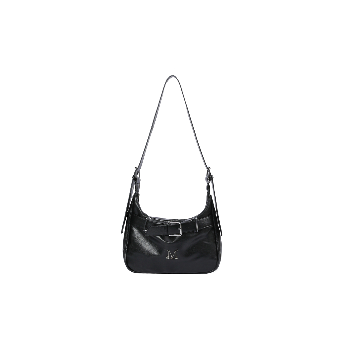 무센트 모닉 메탈 로고 프론트 벨티드 레더 숄더백 남녀공용 블랙(MUCENT Monic Metal Logo Front Belted Leather Shoulder Bag Unisex Black)
