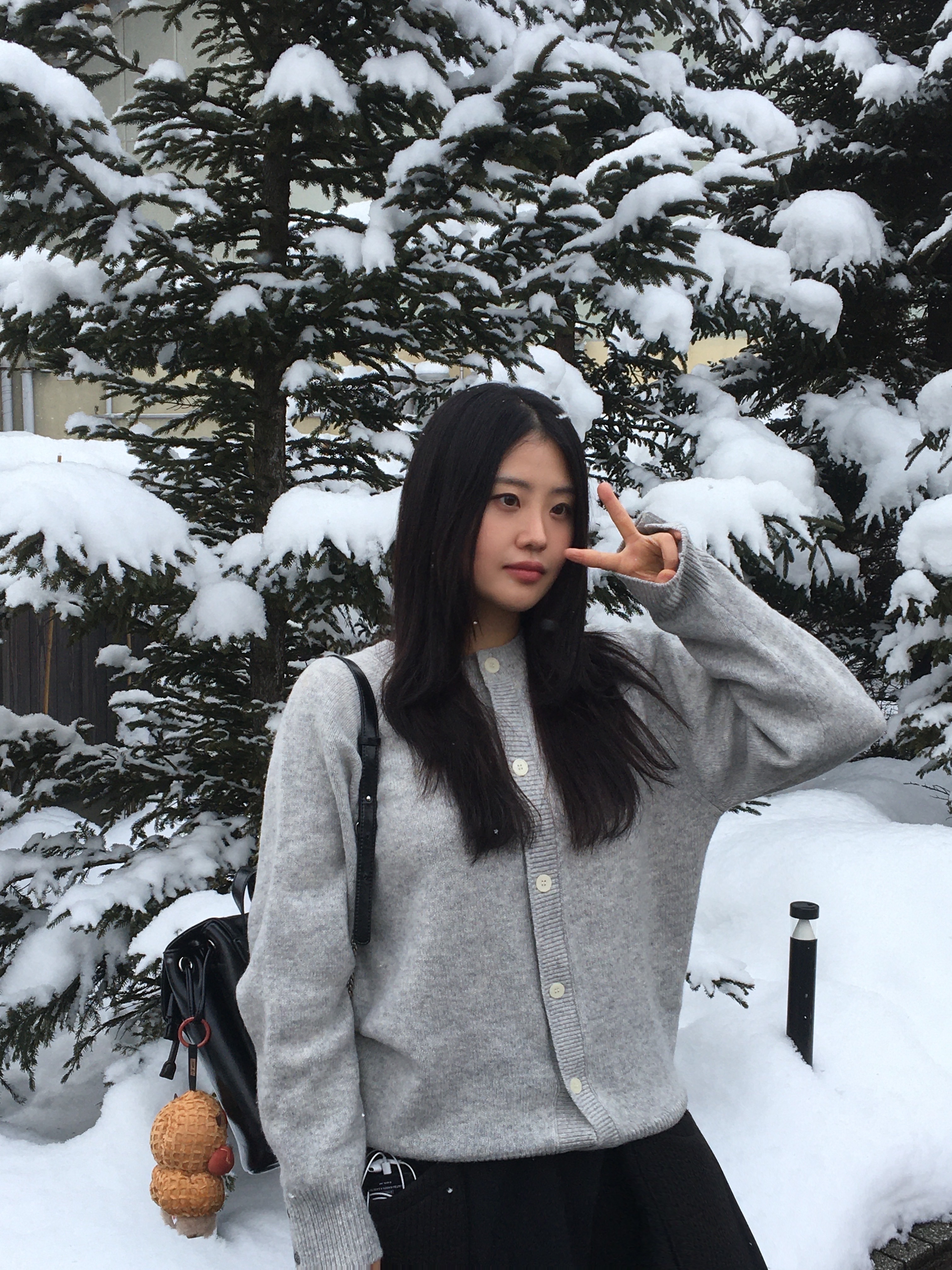 Knitted Shaggy Dog Wool 100% Round Cardigan Melange Grey 착용 스타일
