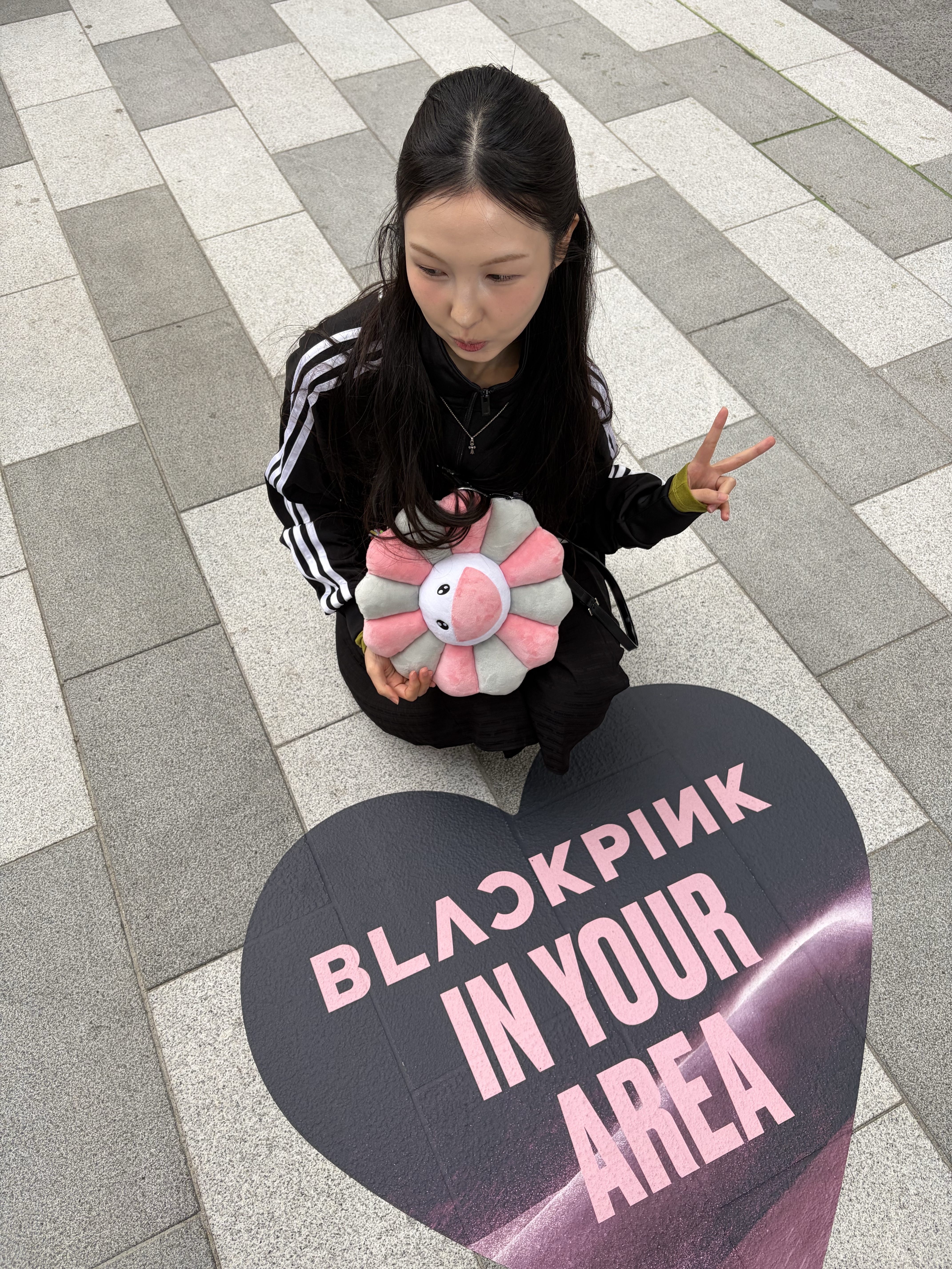 Kaikai Kiki x Blackpink Flower Keyring Pink Grey, Kaikai Kiki x Blackpink Flower Pillow 30cm Pink Grey 착용 스타일 - 1