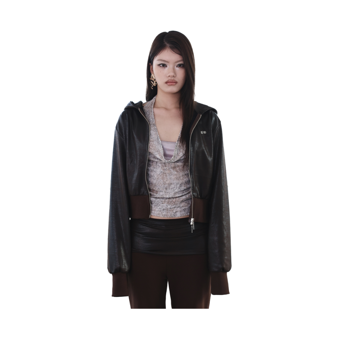 미애 투웨이 레더 로고 후드 집업 브라운(Miae  2way Leather Logo Hood Zip-Up Brown) - 2