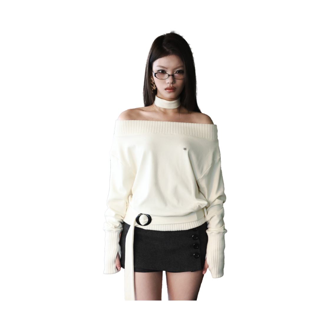 미애 로고 오프 숄더 맨투맨 초커 세트 아이보리(Miae Logo Off-Shoulder Sweatshirt Choker Set Ivory) - 2
