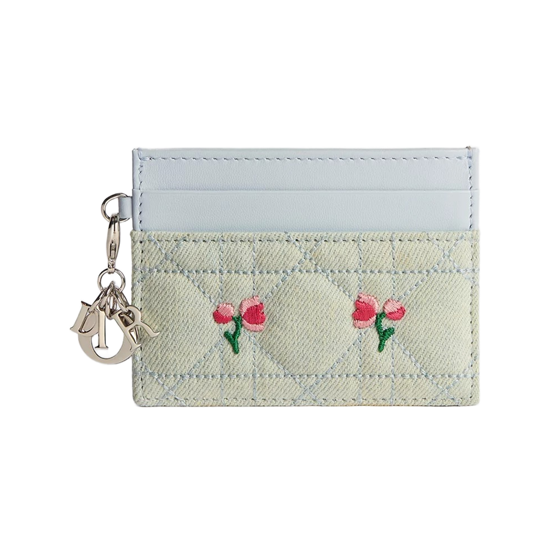 디올 디올아무르 레이디 디올 프리지아 카드 월렛 까나쥬 데님 멀티컬러 도브 & 로즈 모티프 자수 블루(Dior Dioramour Lady Dior Freesia Card Wallet Cannage Denim With Multicolor Doves & Roses Motif Embroidery Blue) - 1