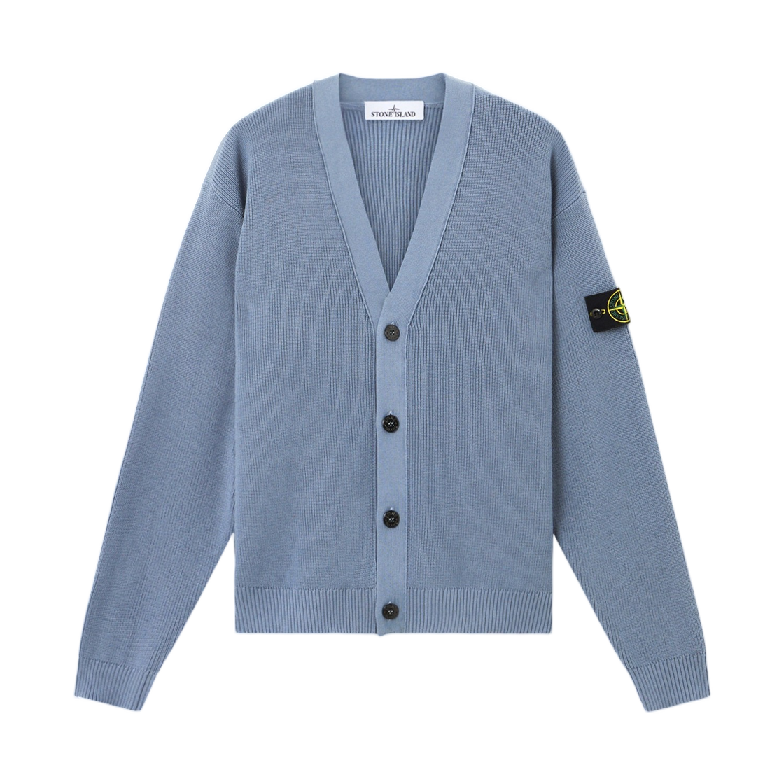 스톤 아일랜드 5100009 립드 소프트 오가닉 코튼 브이넥 가디건 버튼 앤 립드 블루 아비오 블루 - 26SS(Stone Island 5100009 Ribbed Soft Organic Cotton V-Neck Cardigan with Buttons And Ribbed Trims Avio Blue - 26SS)