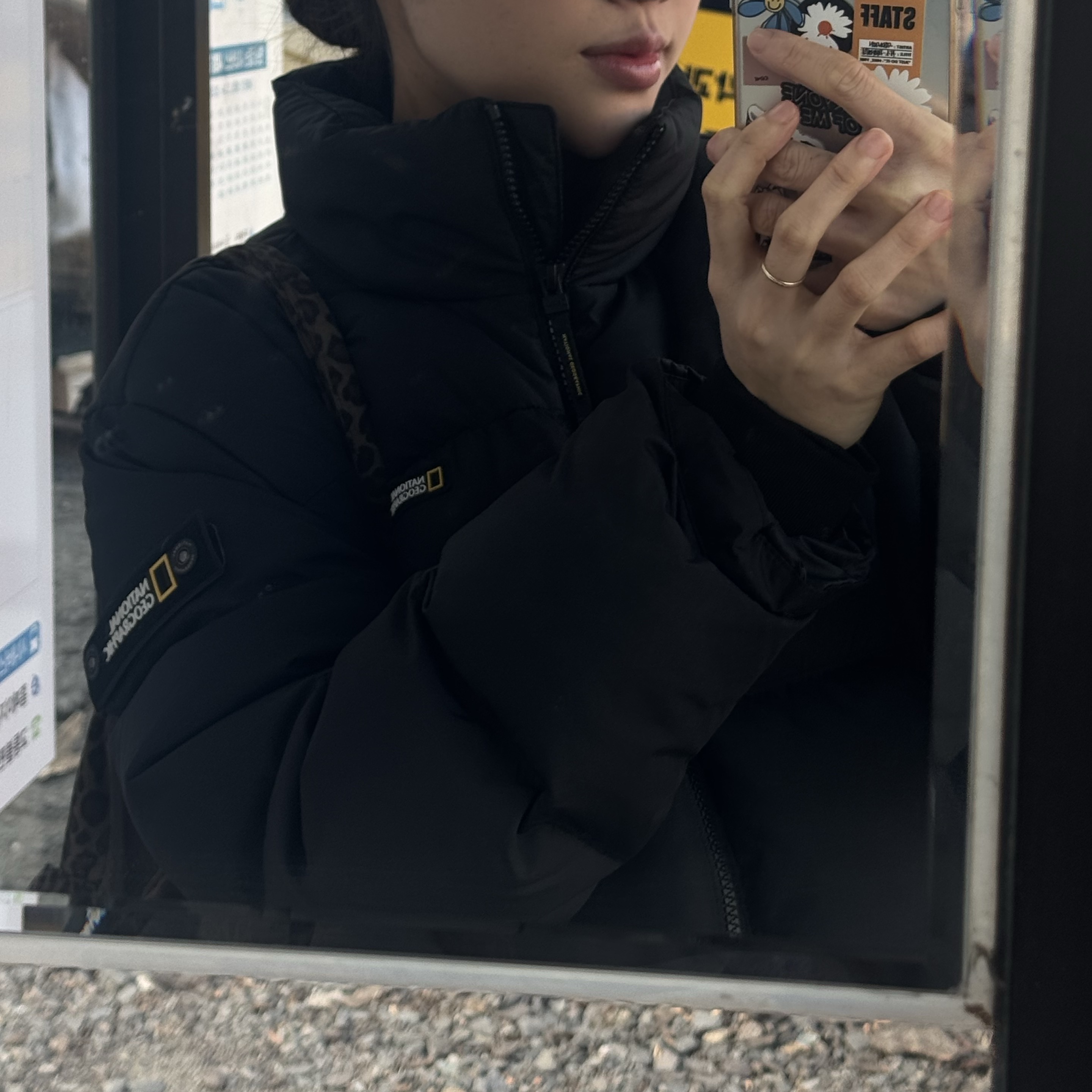 National Geographic Reimann Short Length Down Jumper Carbon Black 착용 스타일