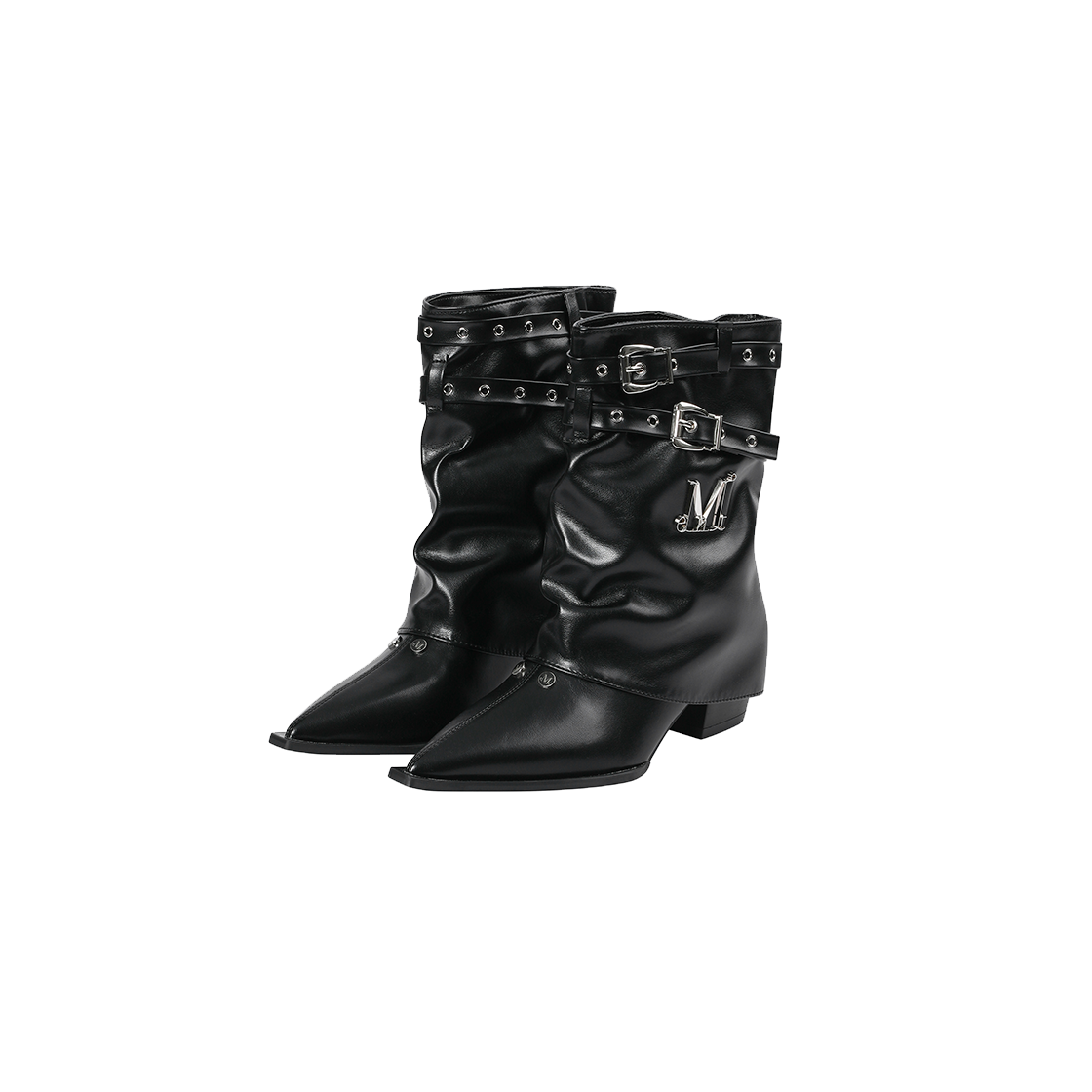 무센트 피에트 메탈 로고 아일렛 벨트 레더 부츠 블랙(MUCENT Piet Metal Logo Eyelet Belt Leather Boots Black)