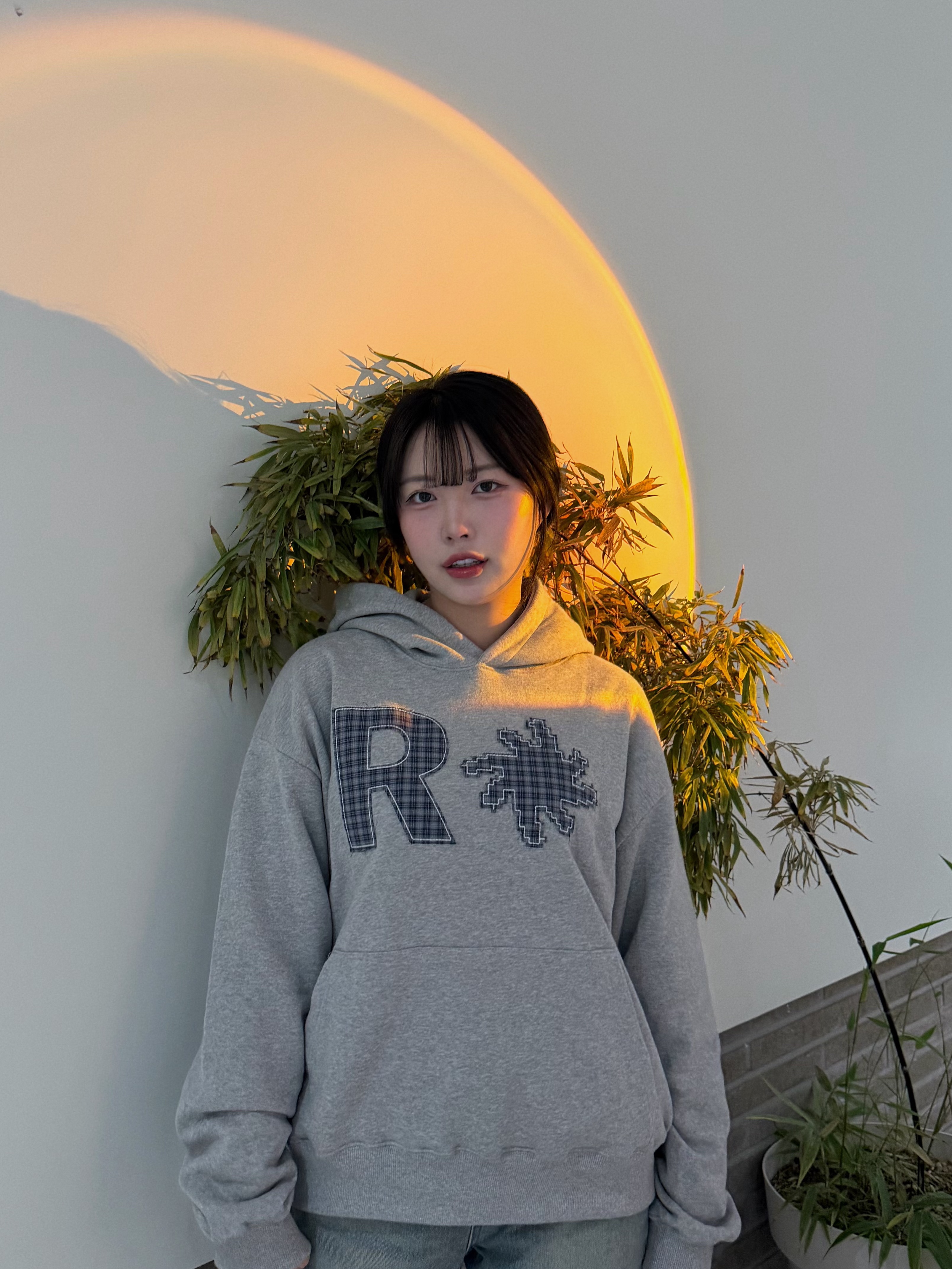 SLOW RECORD HOUSE Check Patch Hoodie Grey 착용 스타일 - 1