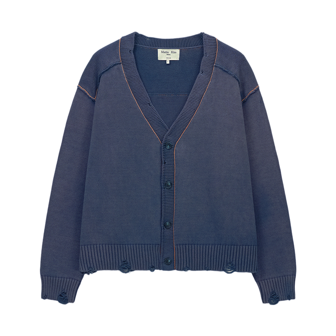마뗑킴 백 로고 라인 포인트 니트 가디건 스모크 블루(Matin Kim Back Logo Line Point Knit Cardigan In Smoke Blue)