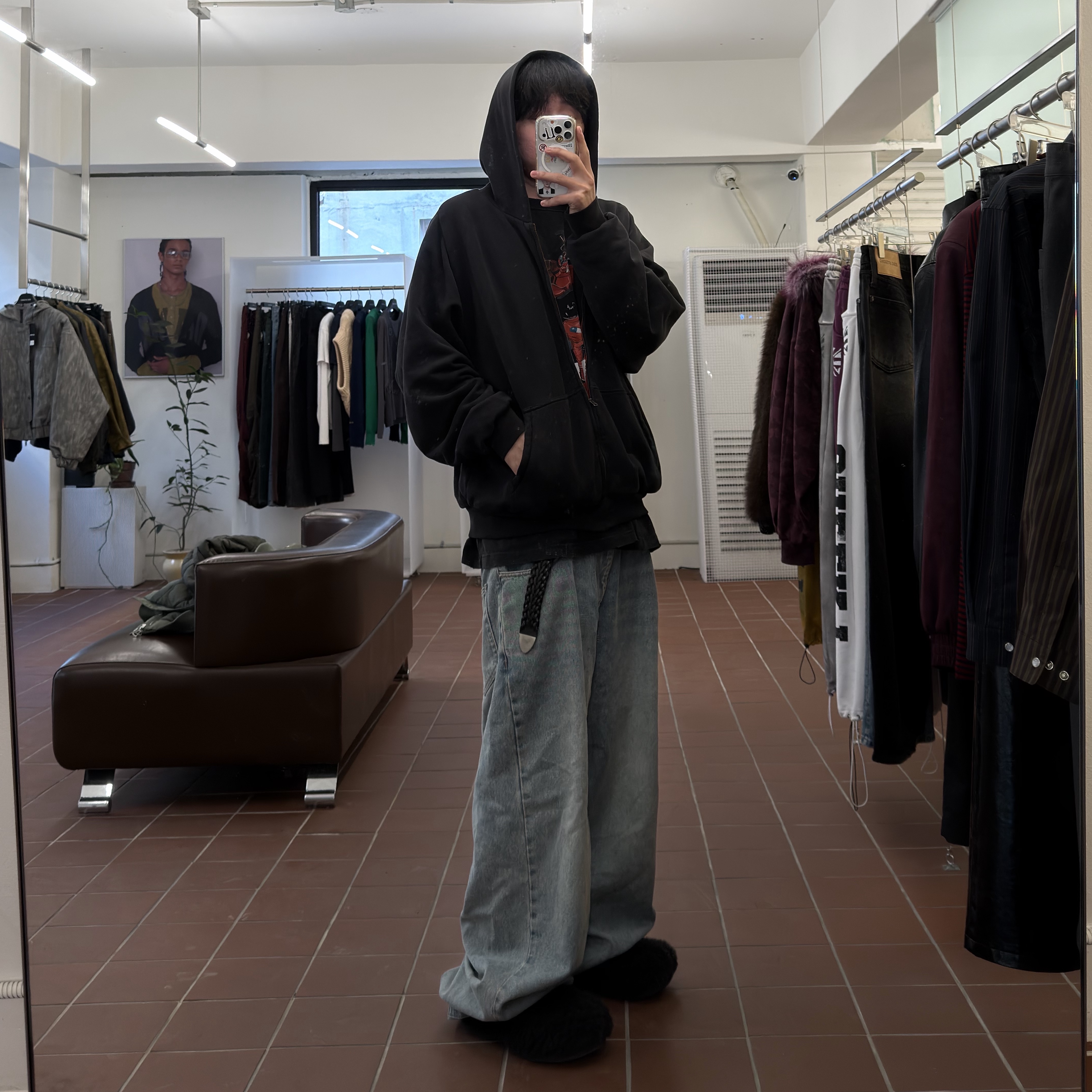 NOD Wide Baggy Denim pants Light blue, Yeezy YZY Zip-Up Hoodie Black 착용 스타일 - 2