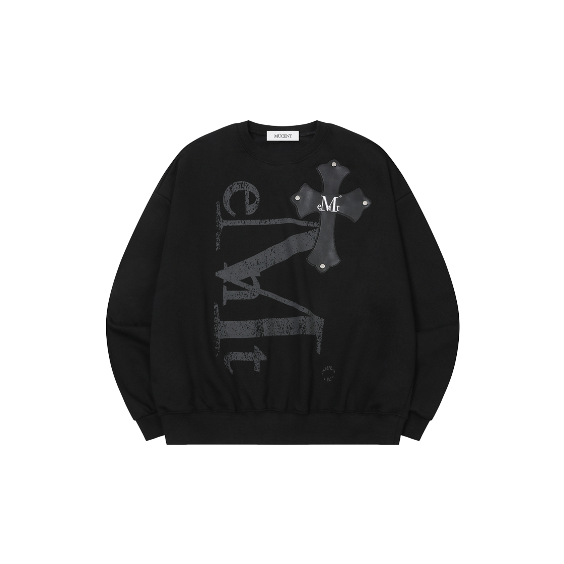 무센트 단테 크랙 로고 크로스 레더 패치 맨투맨 남녀공용 (2컬러) 블랙(MUCENT Dante Crack Logo Cross Leather Patch MTM Unisex (2Color) Black) - 1