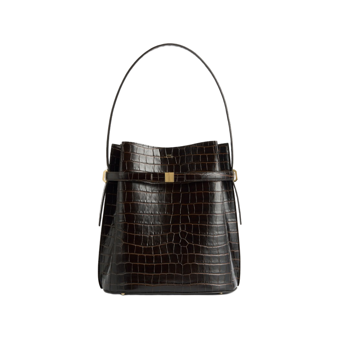 244-WAL0048-LE0076-034 Toteme Belted Croco Embossed Bucket Bag Dark Brown