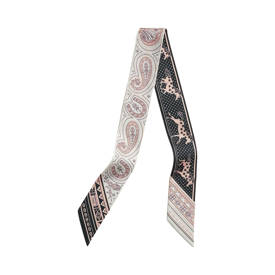 (W) 에르메스 슈발 드 하트 반다나 트윌리 실크 & 누아 블랑 비유 로즈((W) Hermes Cheval De Coeur Bandana Twilly Silk & Noir Blanc Vieux Rose)