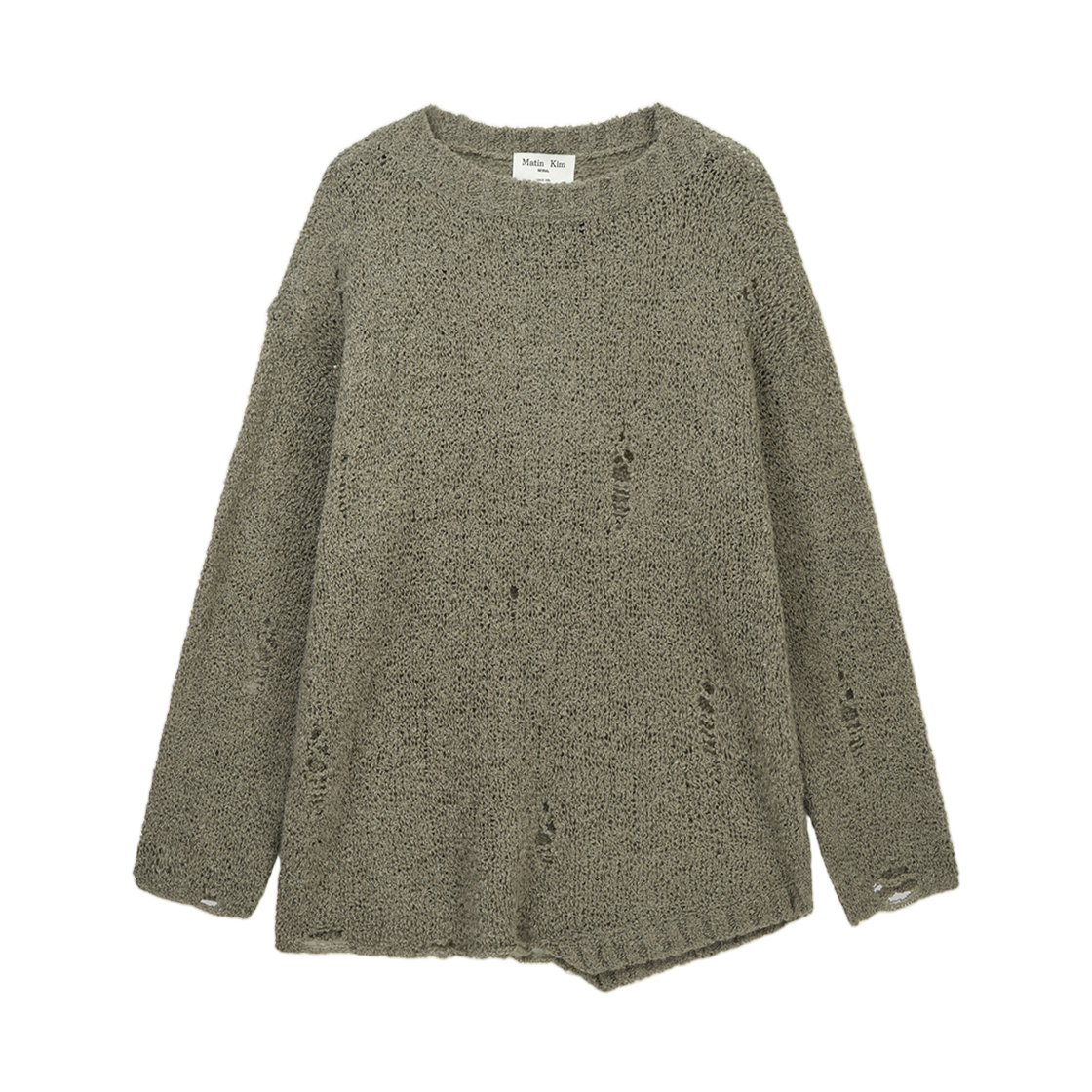MK2611PO003MKH Matin Kim Asymmetric Damaged Knit Pullover In Khaki