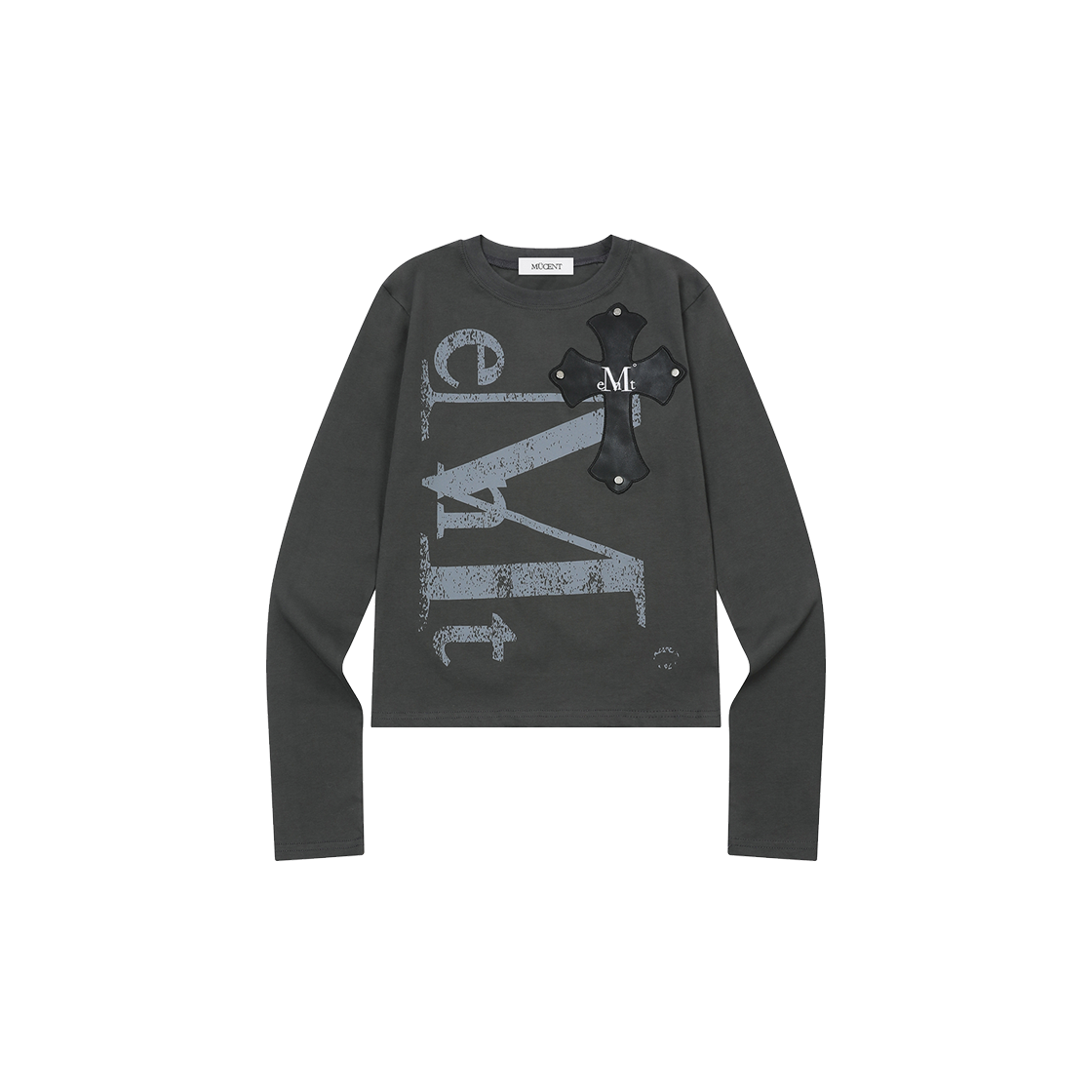P0000BIT MUCENT Dint Crack Logo Cross Leather Patch Long Sleeve T Charcoal