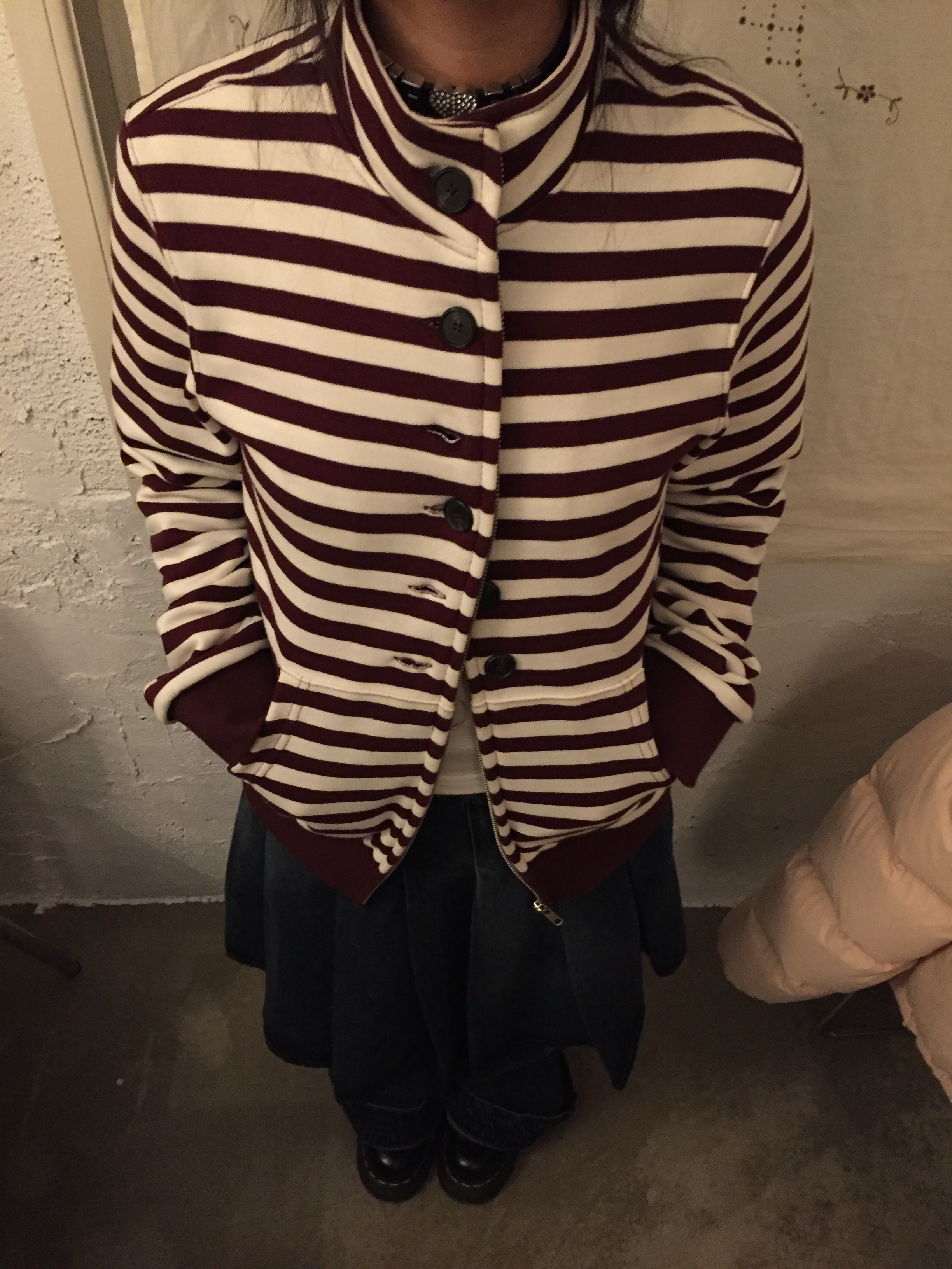 COYSEIO Pompom Cable Knit Brown, Safarispot Two Denim Long Skirts 착용 스타일 - 3