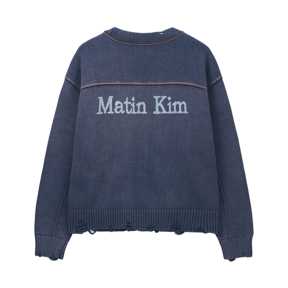 마뗑킴 백 로고 라인 포인트 니트 가디건 스모크 블루(Matin Kim Back Logo Line Point Knit Cardigan In Smoke Blue) - 2