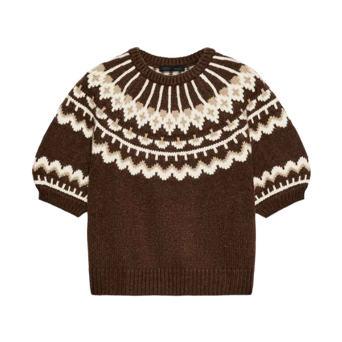 (W) 자라 숏슬리브 자카드 니트 스웨터 브라운 크림((W) Zara Short Sleeve Jacquard Knit Sweater Brown Cream) - 1