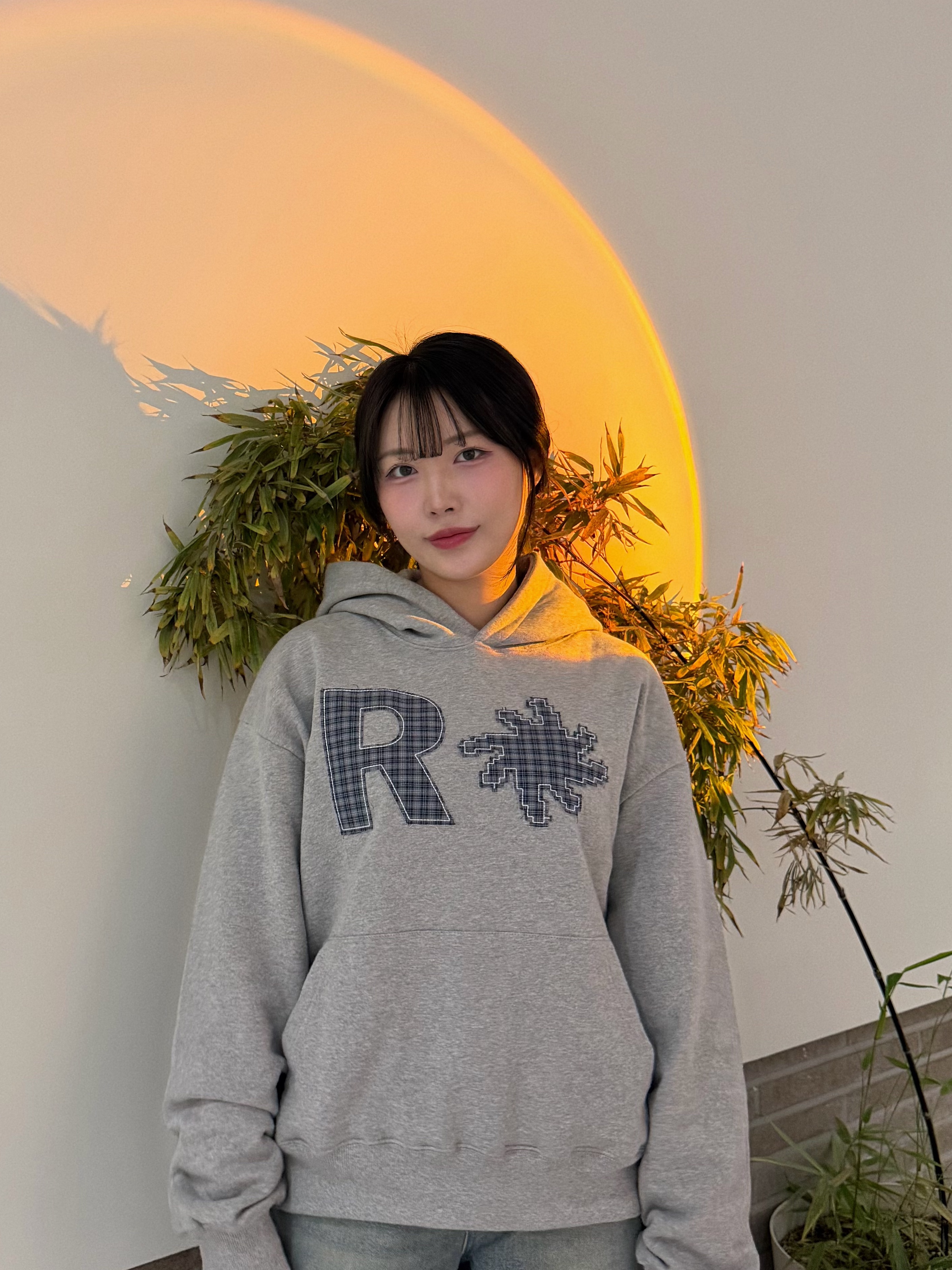 SLOW RECORD HOUSE Check Patch Hoodie Grey 착용 스타일 - 2