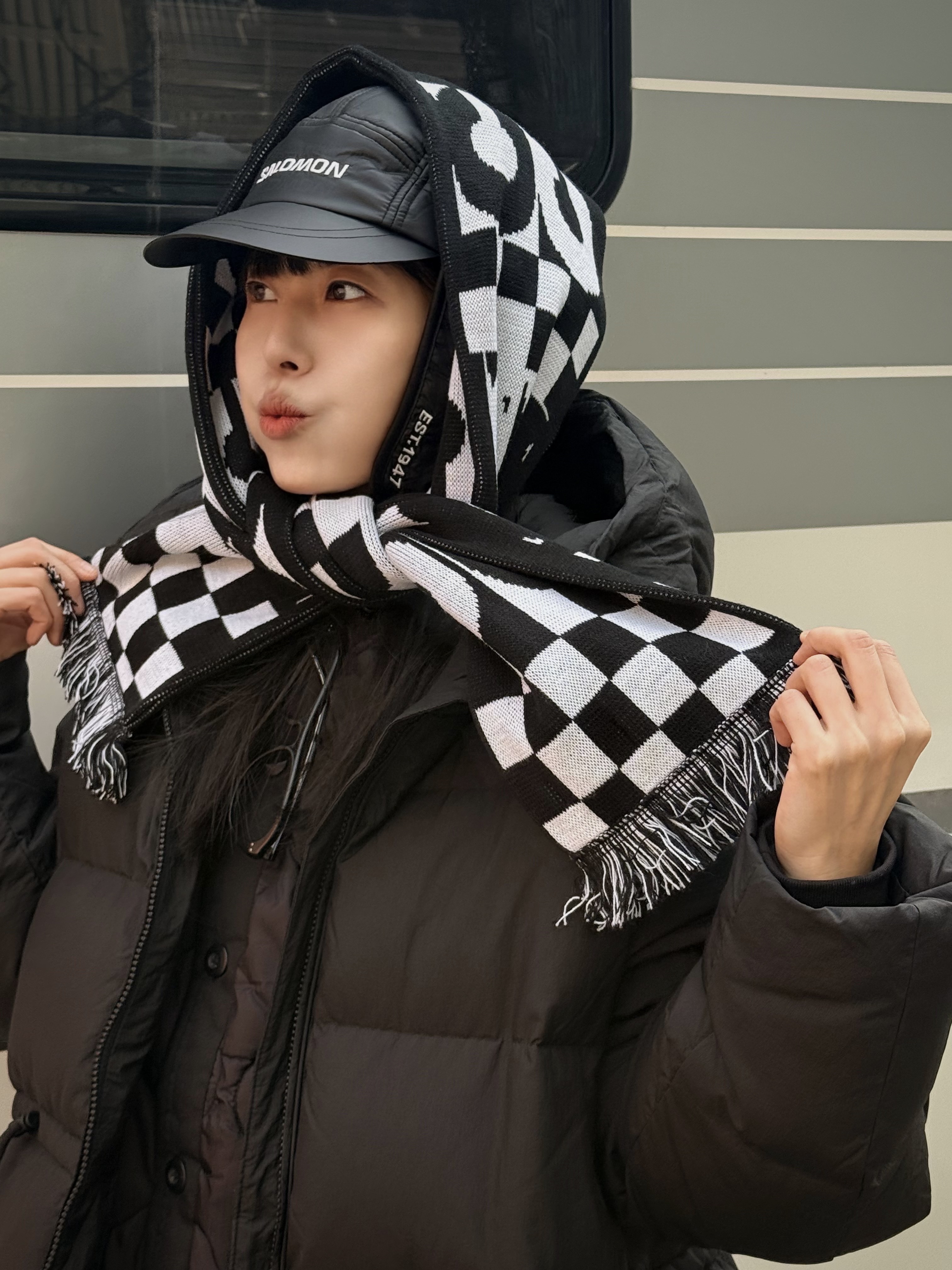 CDG Logo Check Muffler White Black, CDG x Alpha Industries Liner Jacket Black 착용 스타일 - 1