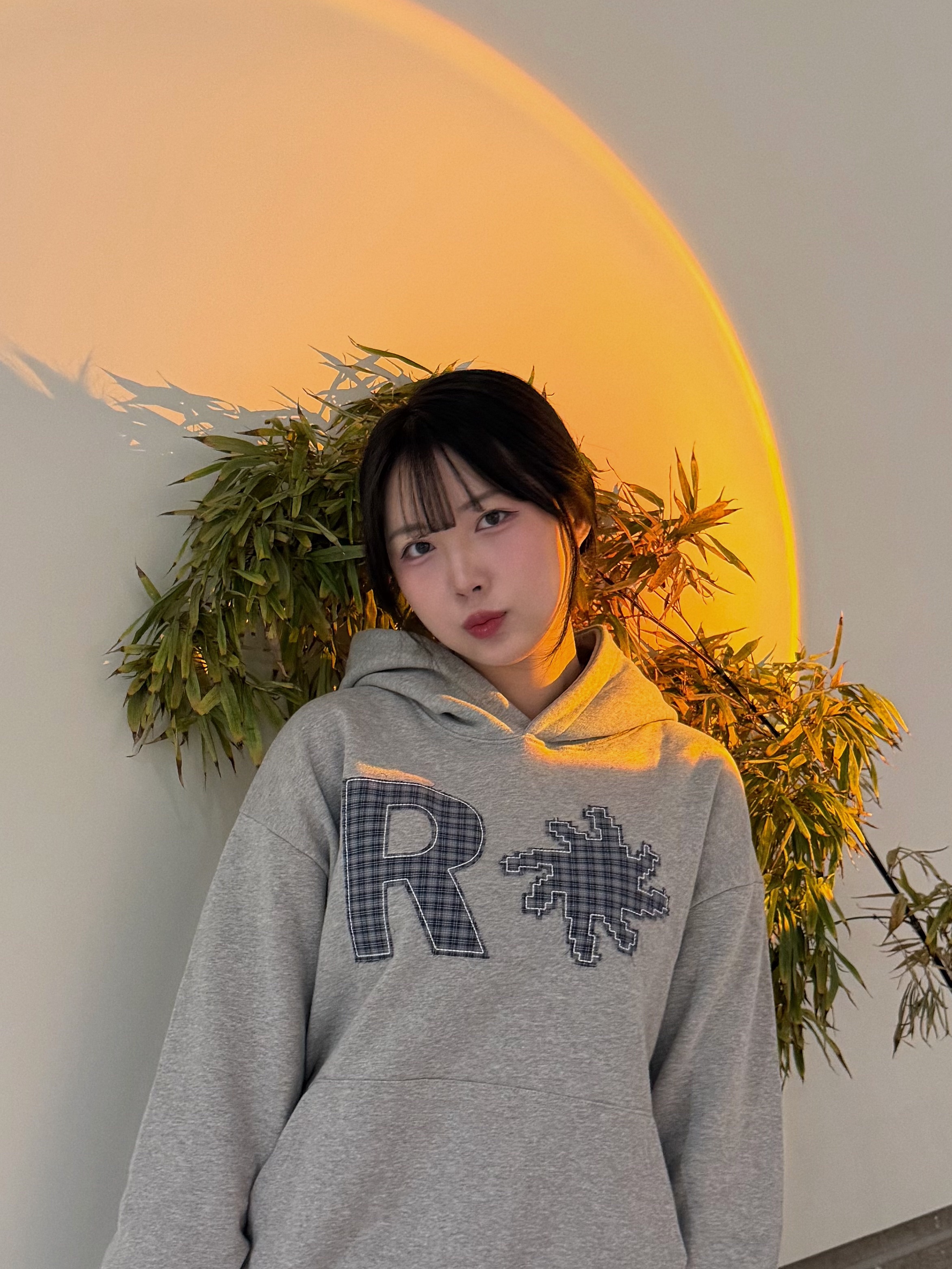 SLOW RECORD HOUSE Check Patch Hoodie Grey 착용 스타일 - 3