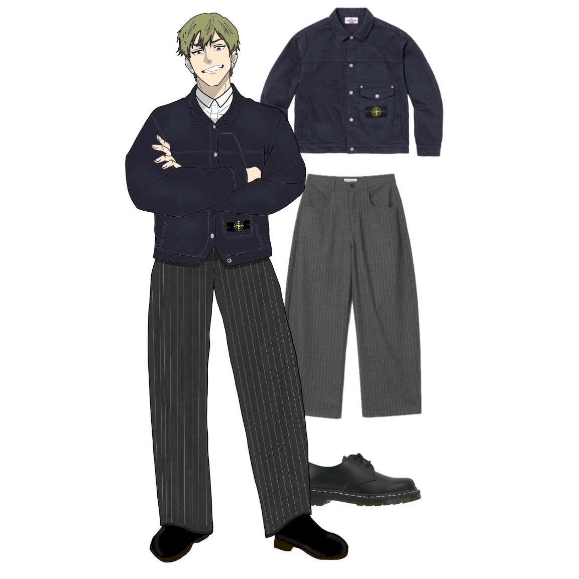 Millo Archive Reflect Stripe Pants Charcoal, Supreme x Stone Island Denim Trucker Jacket Black - 23FW 착용 스타일 - 1