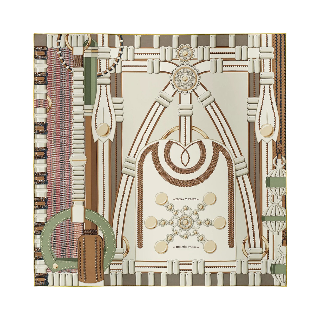 H004282S07 (W) Hermes Flora Y Plata Scarf 90 Creme Etoupe Kaki