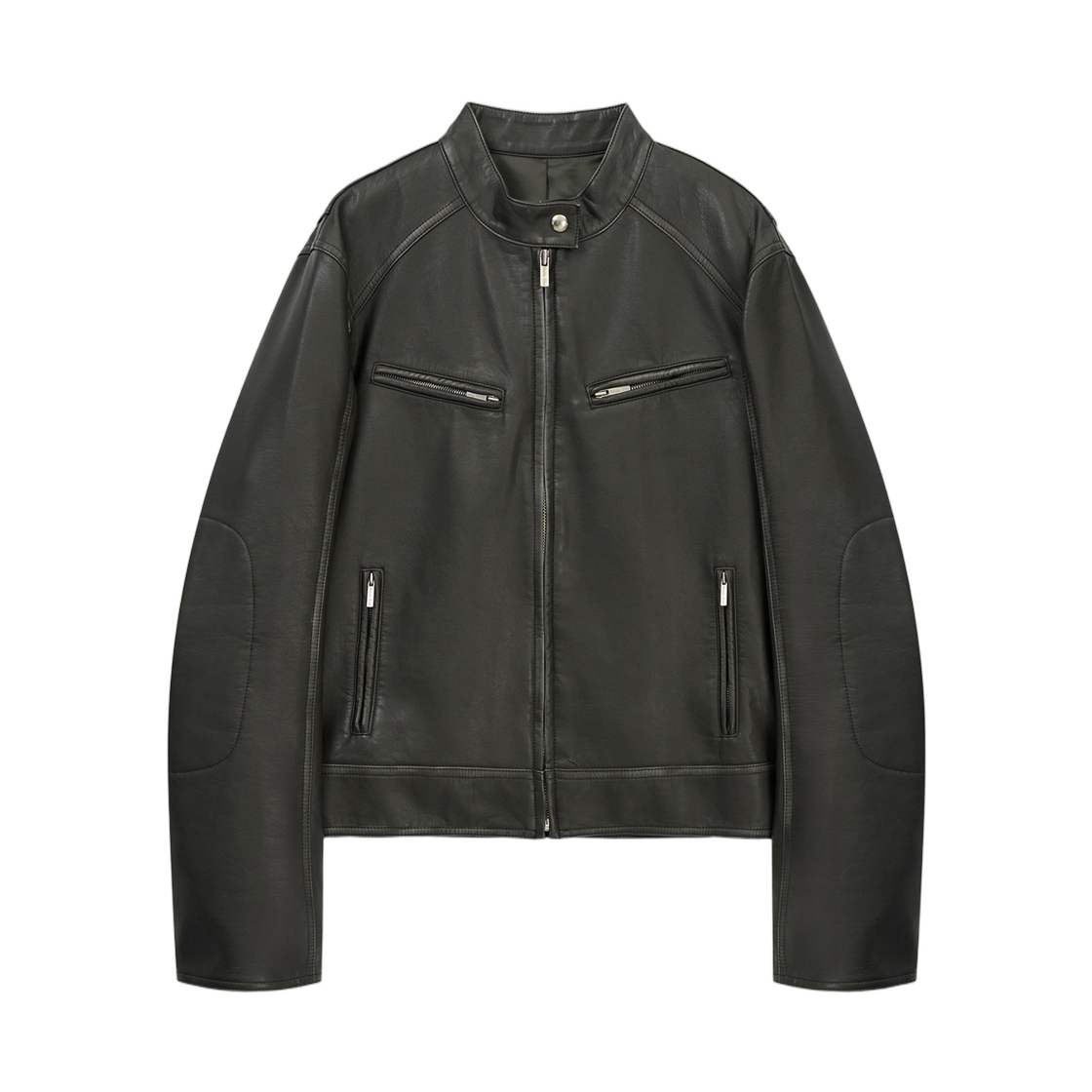 마뗑킴 워시드 포우 레더 레이서 점퍼 차콜(Matin Kim Washed Faux Leather Racer Jumper In Charcoal)
