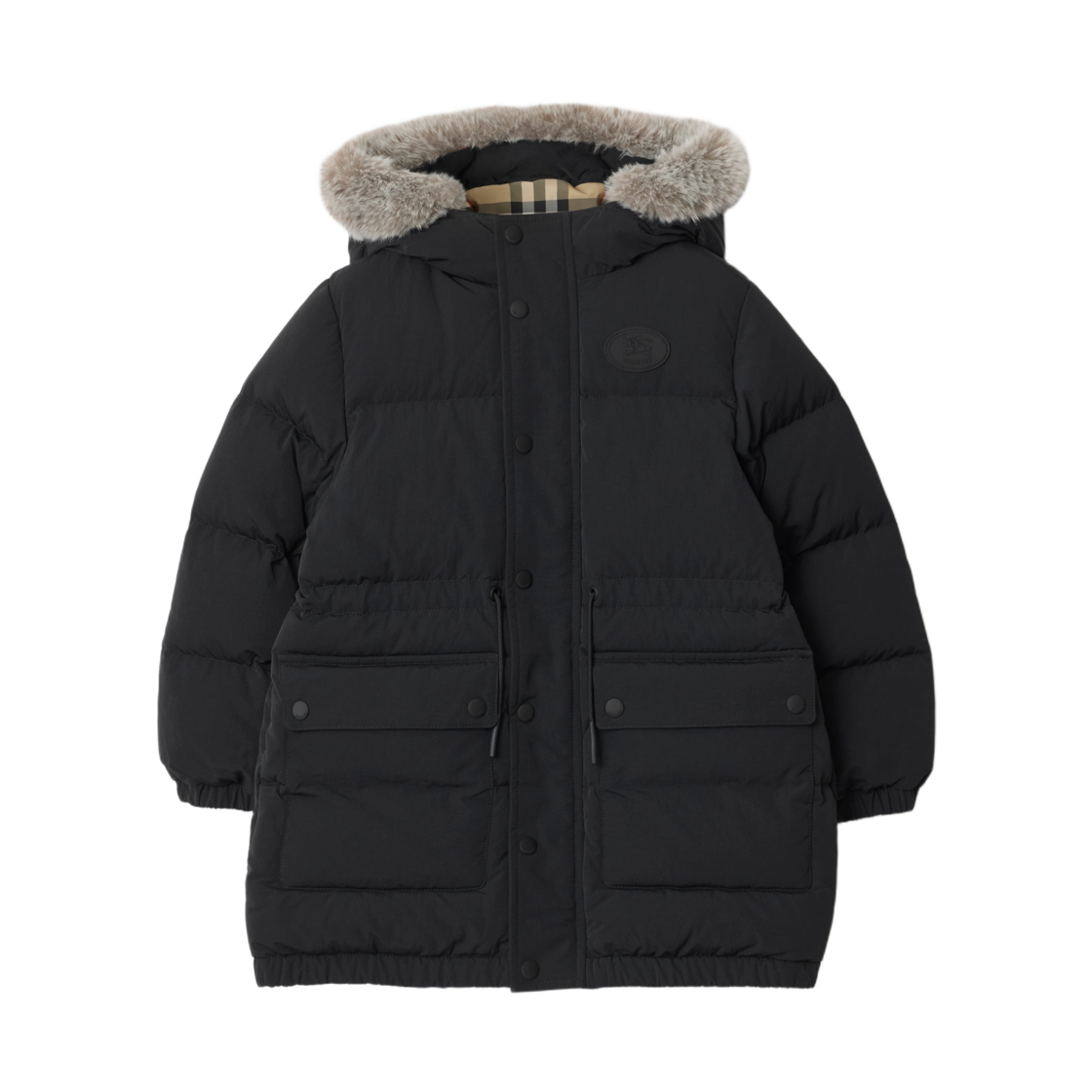 (키즈) 버버리 포우 퍼 트림 나일론 퍼퍼 코트 블랙((Kids) Burberry Faux Fur Trim Nylon Puffer Coat Black)