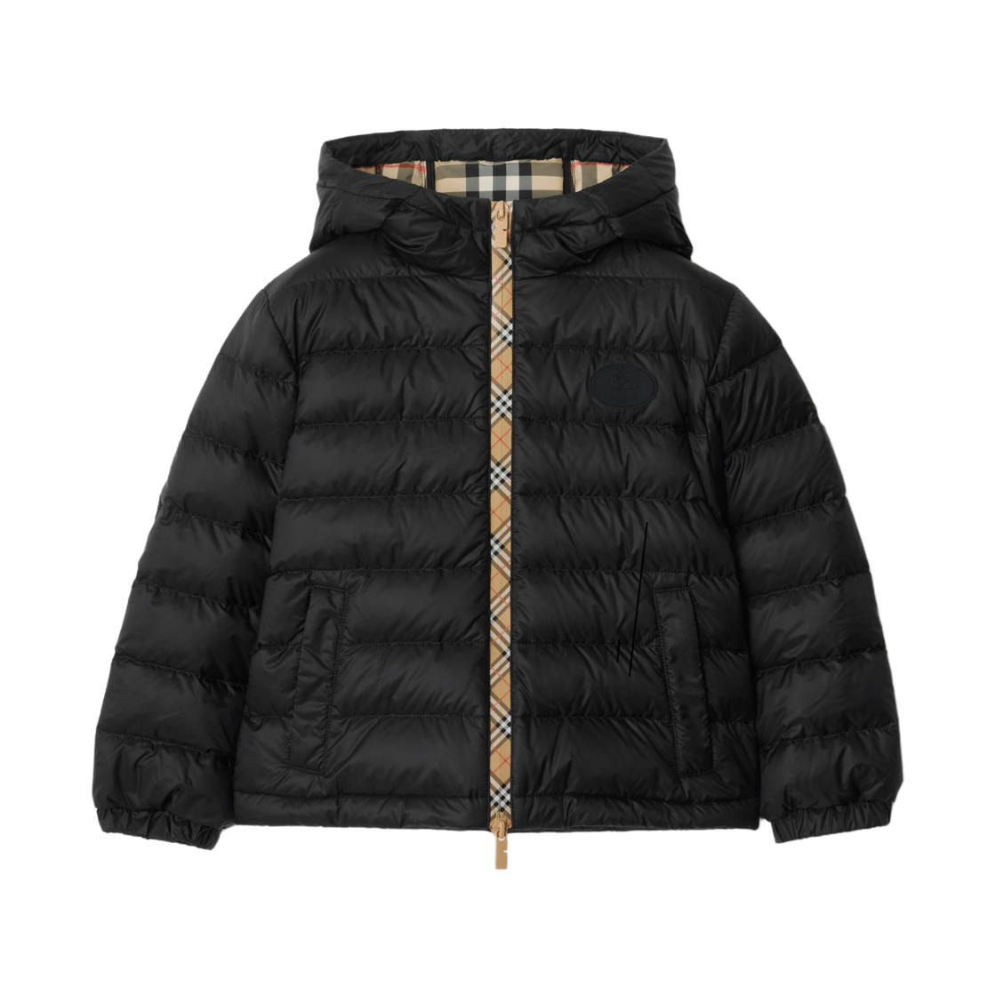 (키즈) 버버리 체커 테이프 나일론 후드 퍼퍼 자켓 블랙((Kids) Burberry Checker Tape Nylon Hooded Puffer Jacket Black)