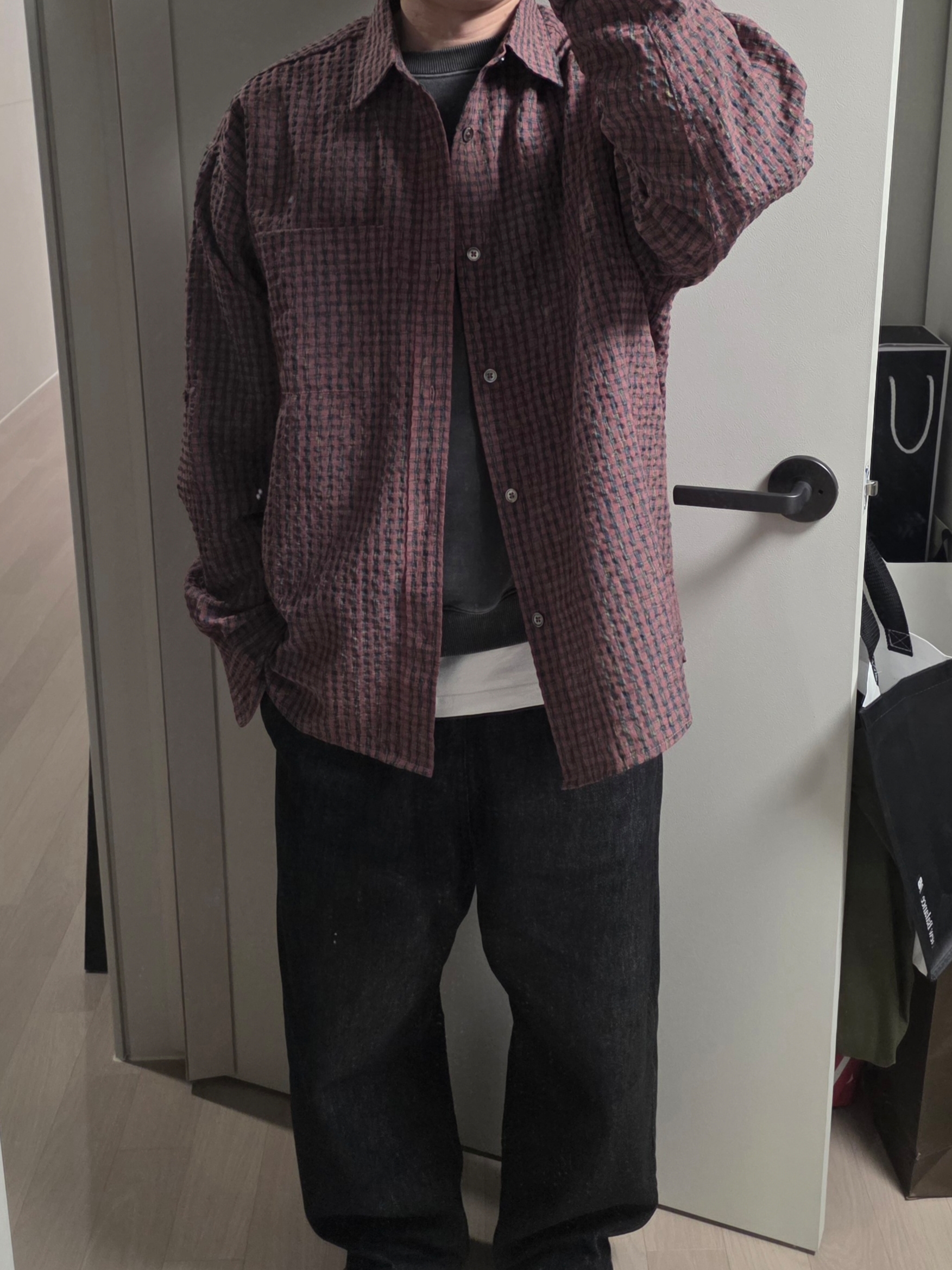 Millo Archive Box Check Roll Up Shirts Smoke Pink 착용 스타일 - 1