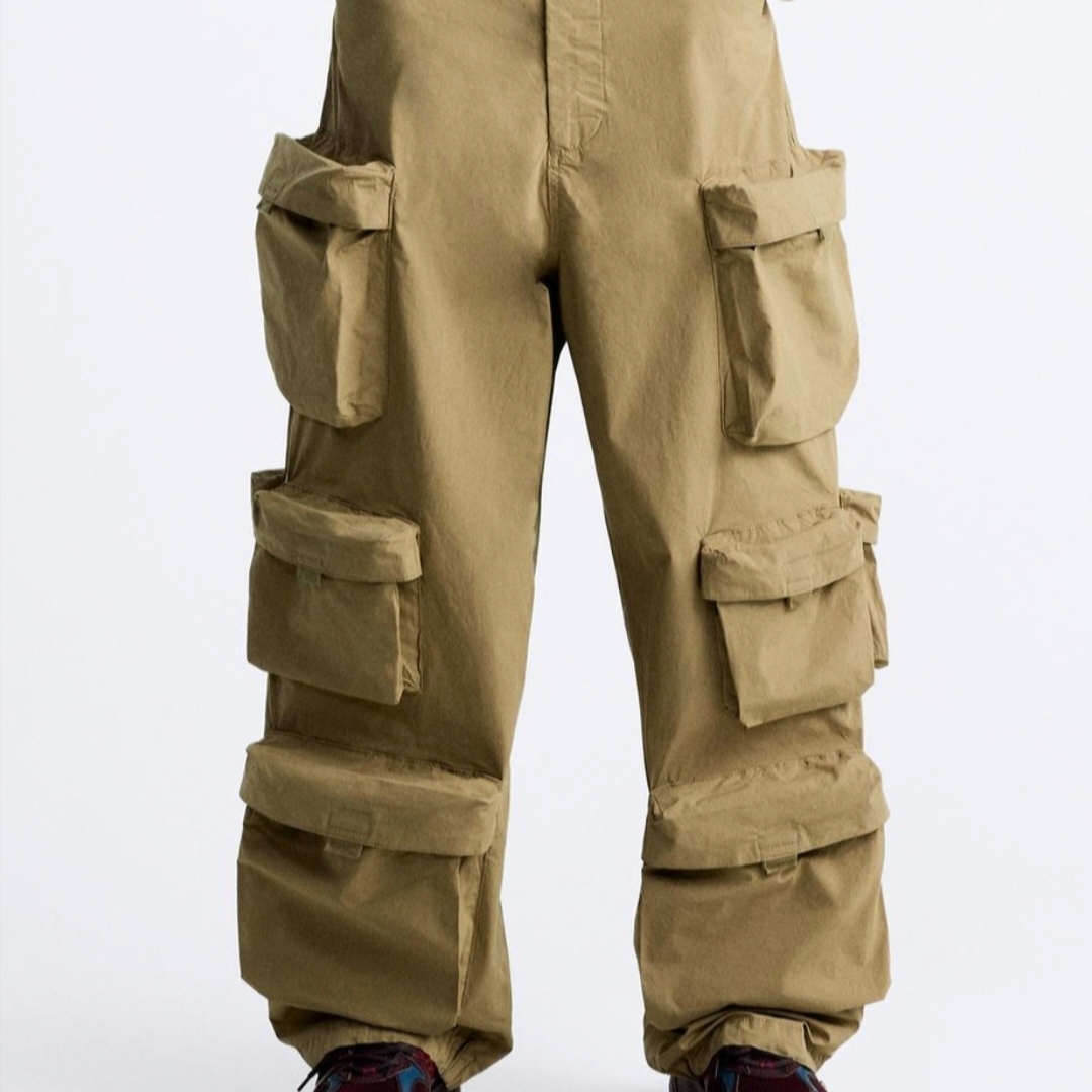 Zara Utility Pocket Pants Sand, Zara Denim Cargo Pocket Pants Camel 착용 스타일 - 1