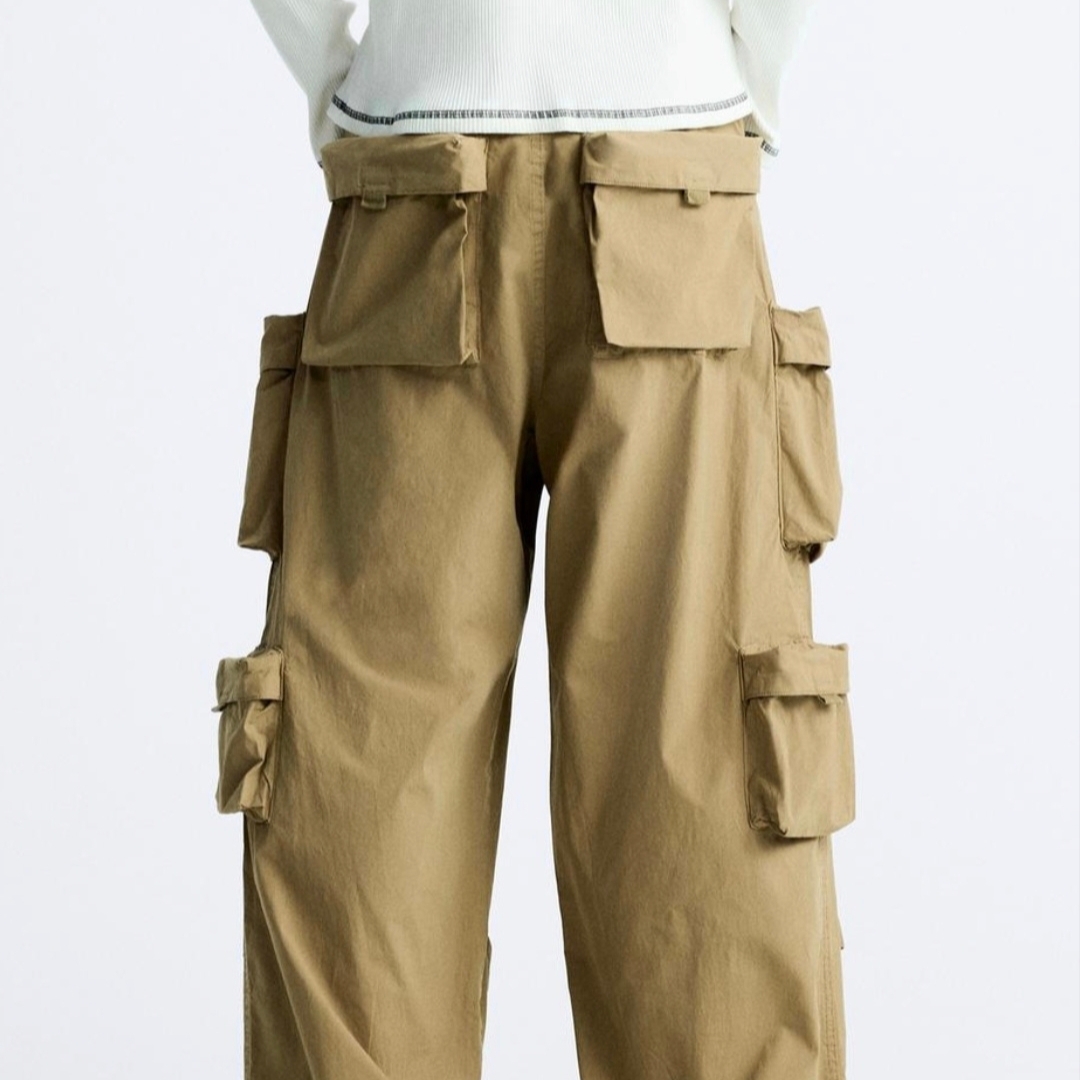 Zara Utility Pocket Pants Sand, Zara Denim Cargo Pocket Pants Camel 착용 스타일 - 2