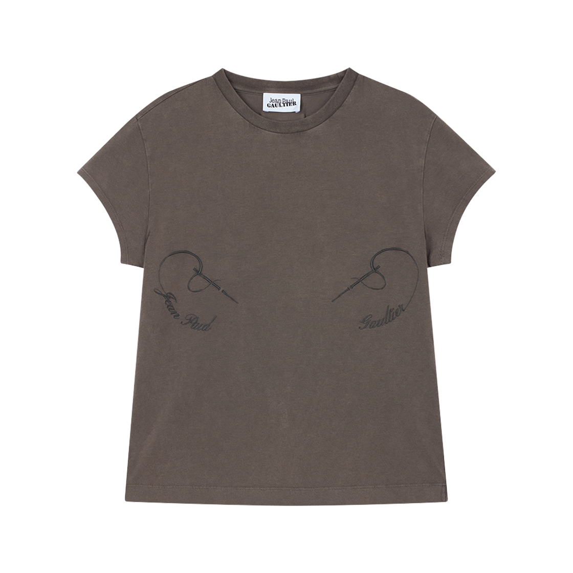 장 폴 고티에 우먼 스트레치 코튼 베이비 티 엠브로이더드 "Needles Jean Paul Gaultier" 다크그레이 - 26SS(Jean Paul Gaultier Women Stretch Cotton Baby Tee Embroidered "Needles Jean Paul Gaultier" Darkgrey - 26SS)