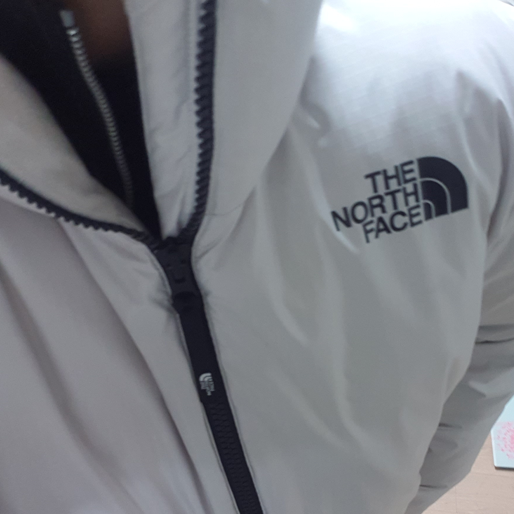 The North Face White Label Glossy Down Jacket White Sand 착용 스타일