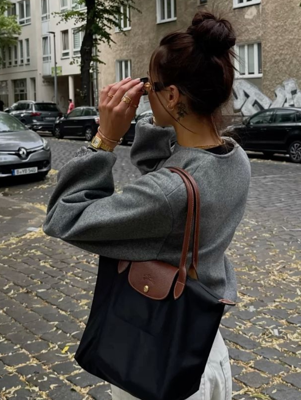 Longchamp Le Pliage Original Tote Bag L Navy, Longchamp Le Pliage Original Tote Bag M Navy 착용 스타일 - 3
