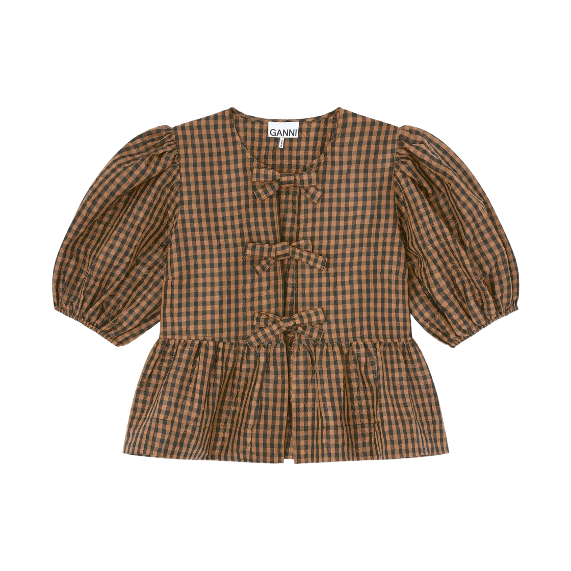 (W) 가니 체크 블라우스 브라운((W) Ganni Check Blouse Brown) - 1