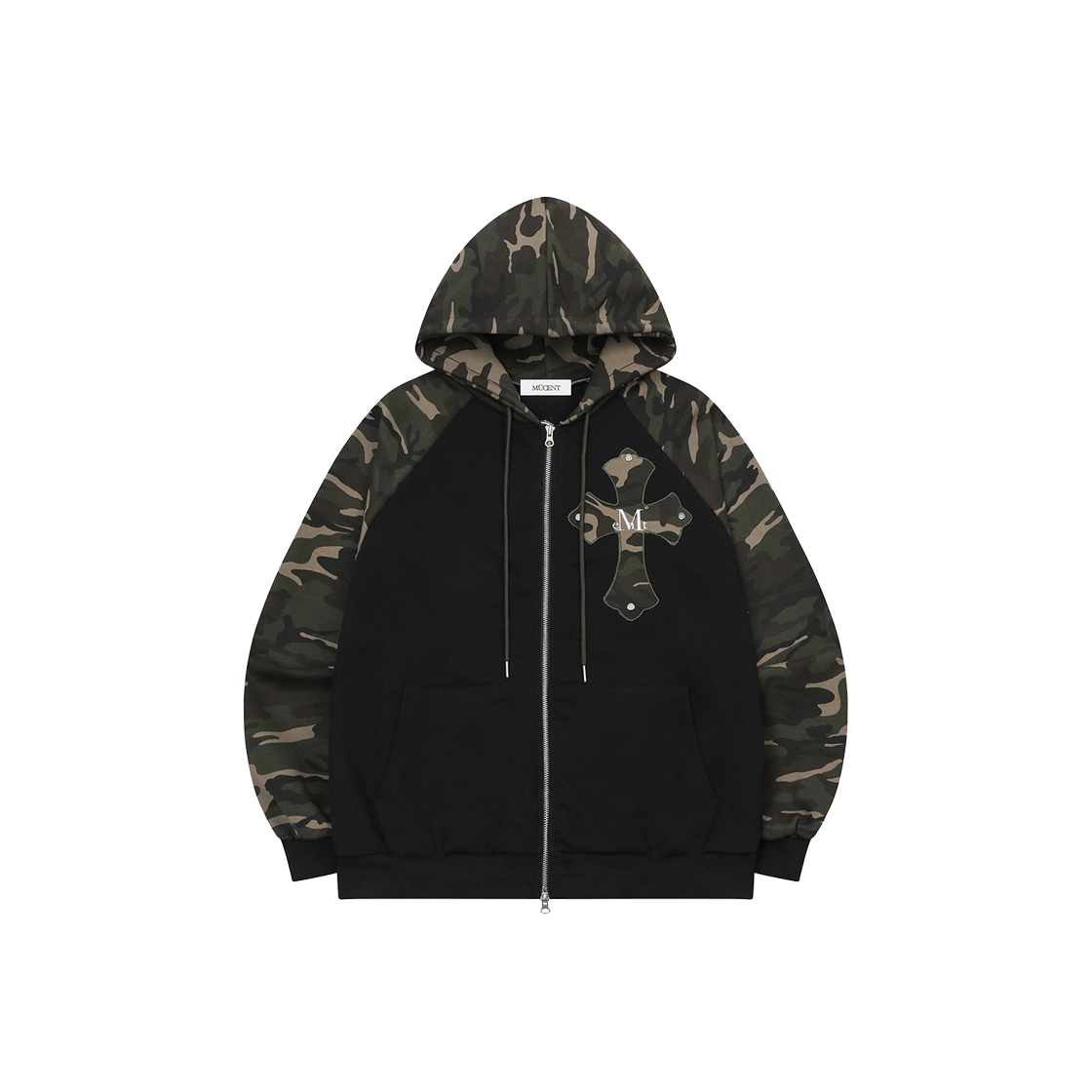 무센트 리베라 카모 크로스 배색 나그랑 후드 집업 남녀공용 (2컬러) 블랙(MUCENT Livera Camo Cross Raglan Hood Zip-up Unisex (2Color) Black)