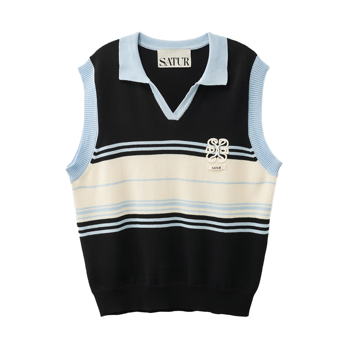 SA261UKT03BLK0 SATUR Open Collar Knit Vest Black