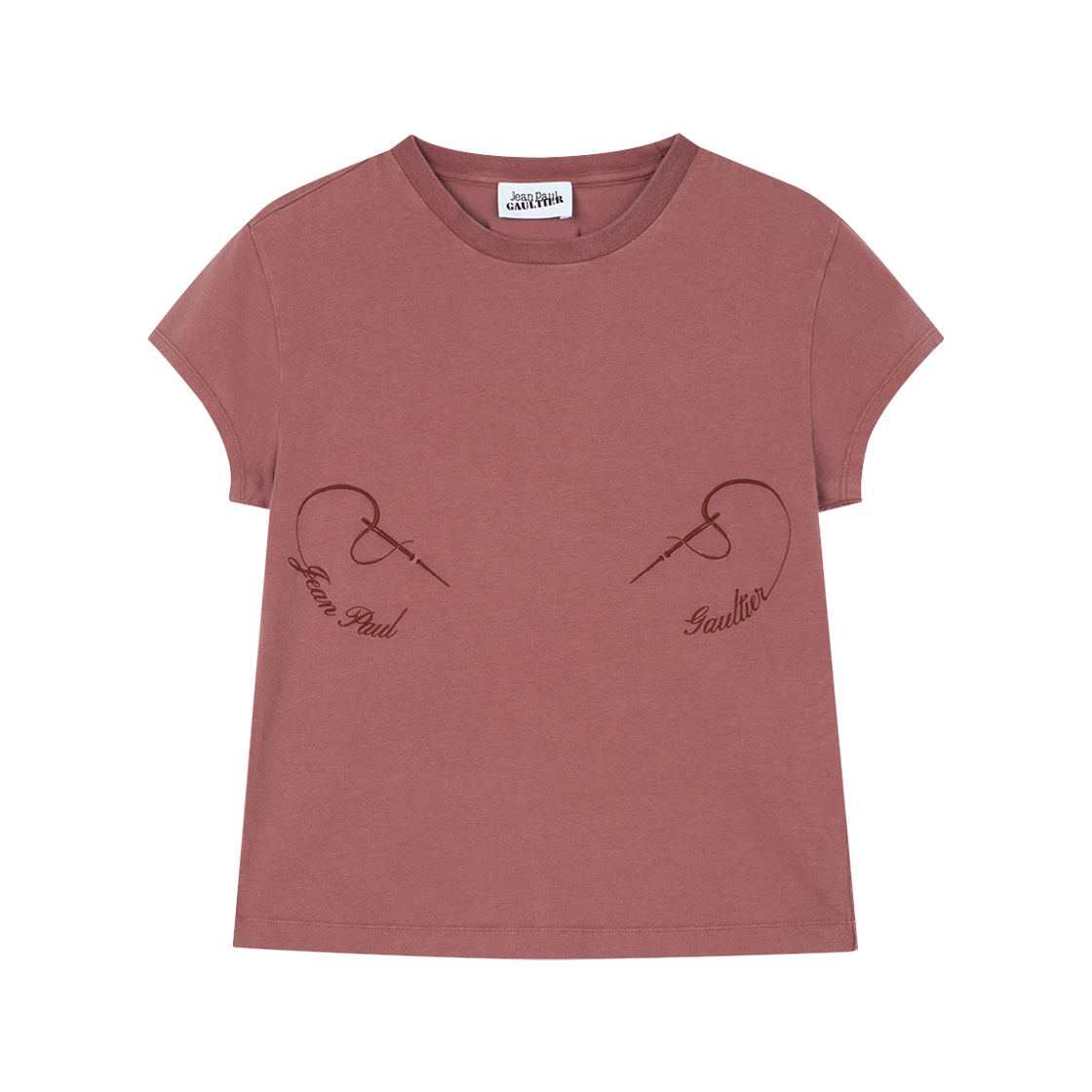 장 폴 고티에 우먼 스트레치 코튼 베이비 티 엠브로이더드 "Needles Jean Paul Gaultier" 버건디 - 26SS(Jean Paul Gaultier Women Stretch Cotton Baby Tee Embroidered "Needles Jean Paul Gaultier" Burgundy - 26SS)
