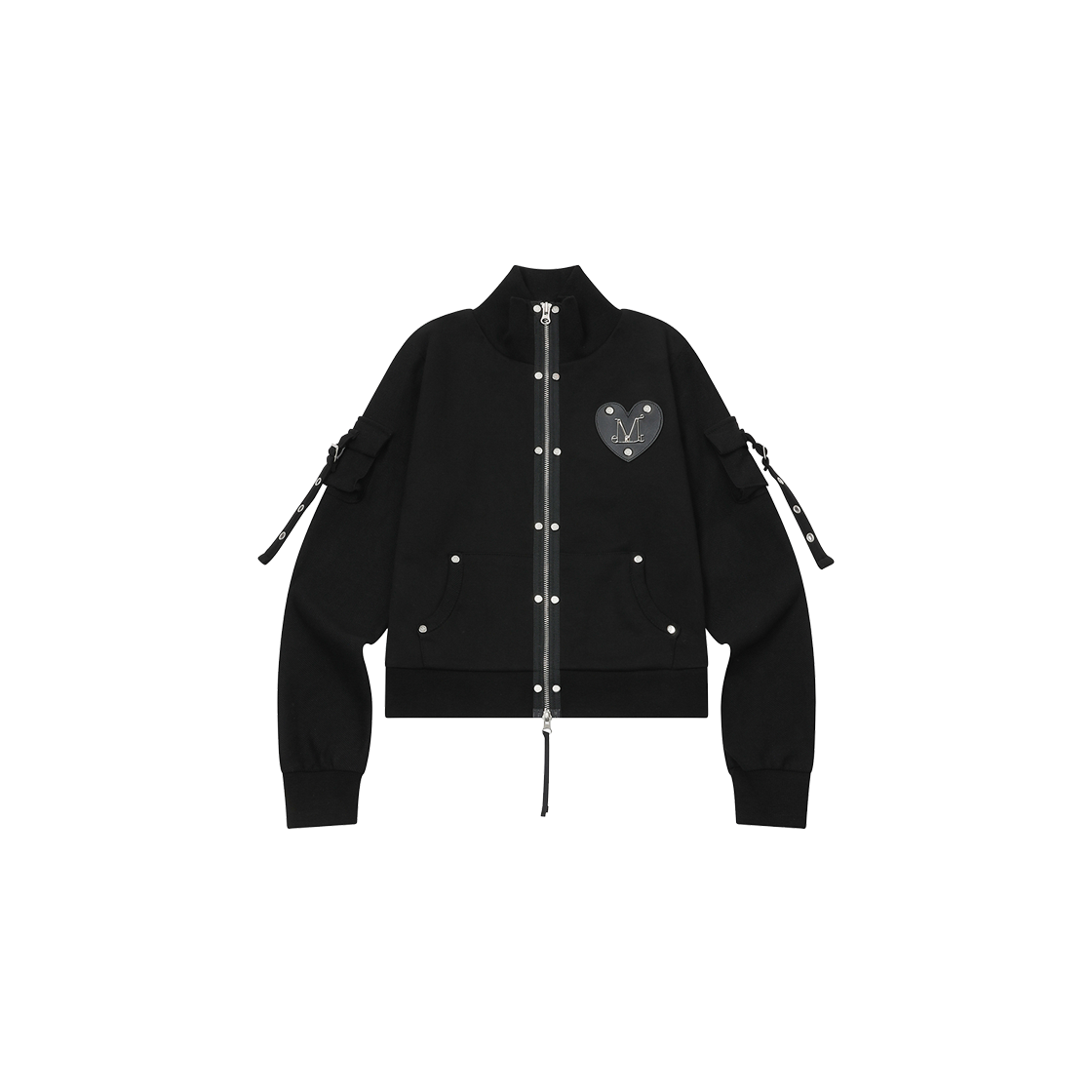 P0000BKO MUCENT Tobv Metal Logo Heart Patch High Neck Sweat Zip-up (2Color) Black