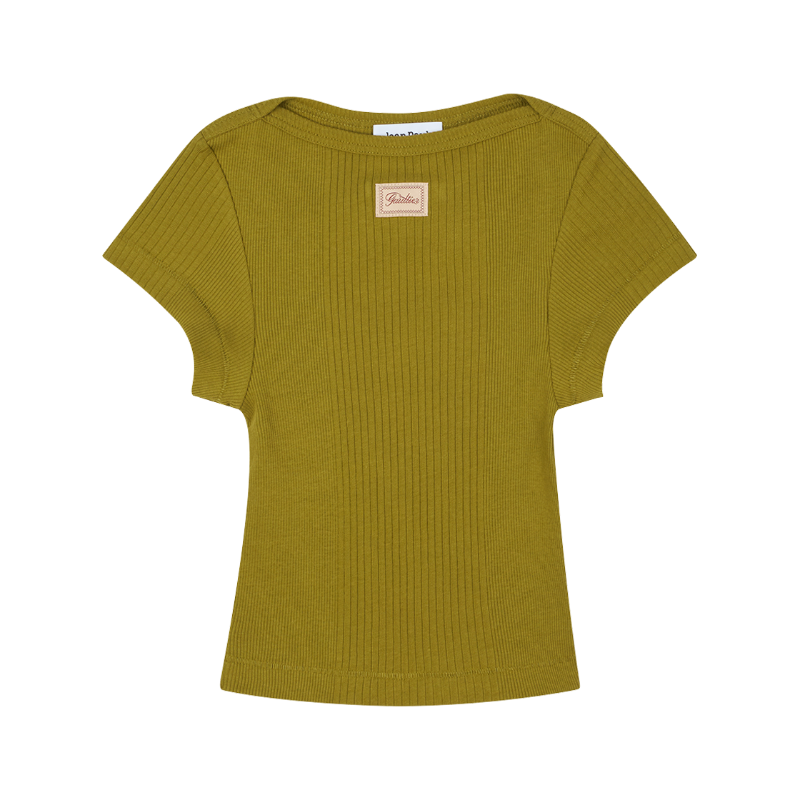 장 폴 고티에 우먼 코튼 리브드 크롭 베이비 티 위드 "Gaultier" 패치 그린 - 26SS(Jean Paul Gaultier Women Cotton Ribbed Cropped Baby Tee With "Gaultier" Patch Green - 26SS)