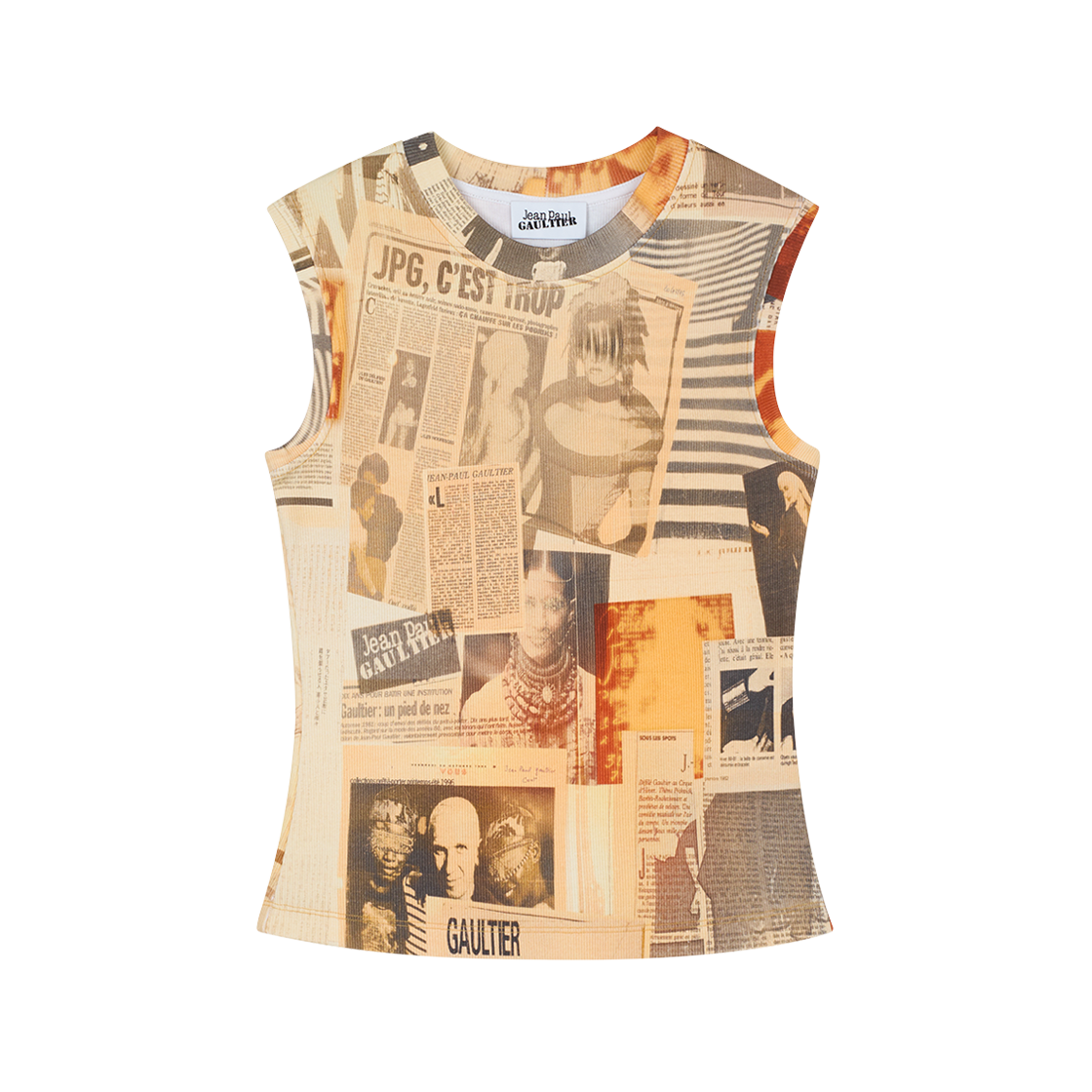 장 폴 고티에 우먼 코튼 리브드 탱크 탑 프린티드 "Journal" 에크루 - 26SS(Jean Paul Gaultier Women Cotton Ribbed Tank Top Printed "Journal" Ecru - 26SS)