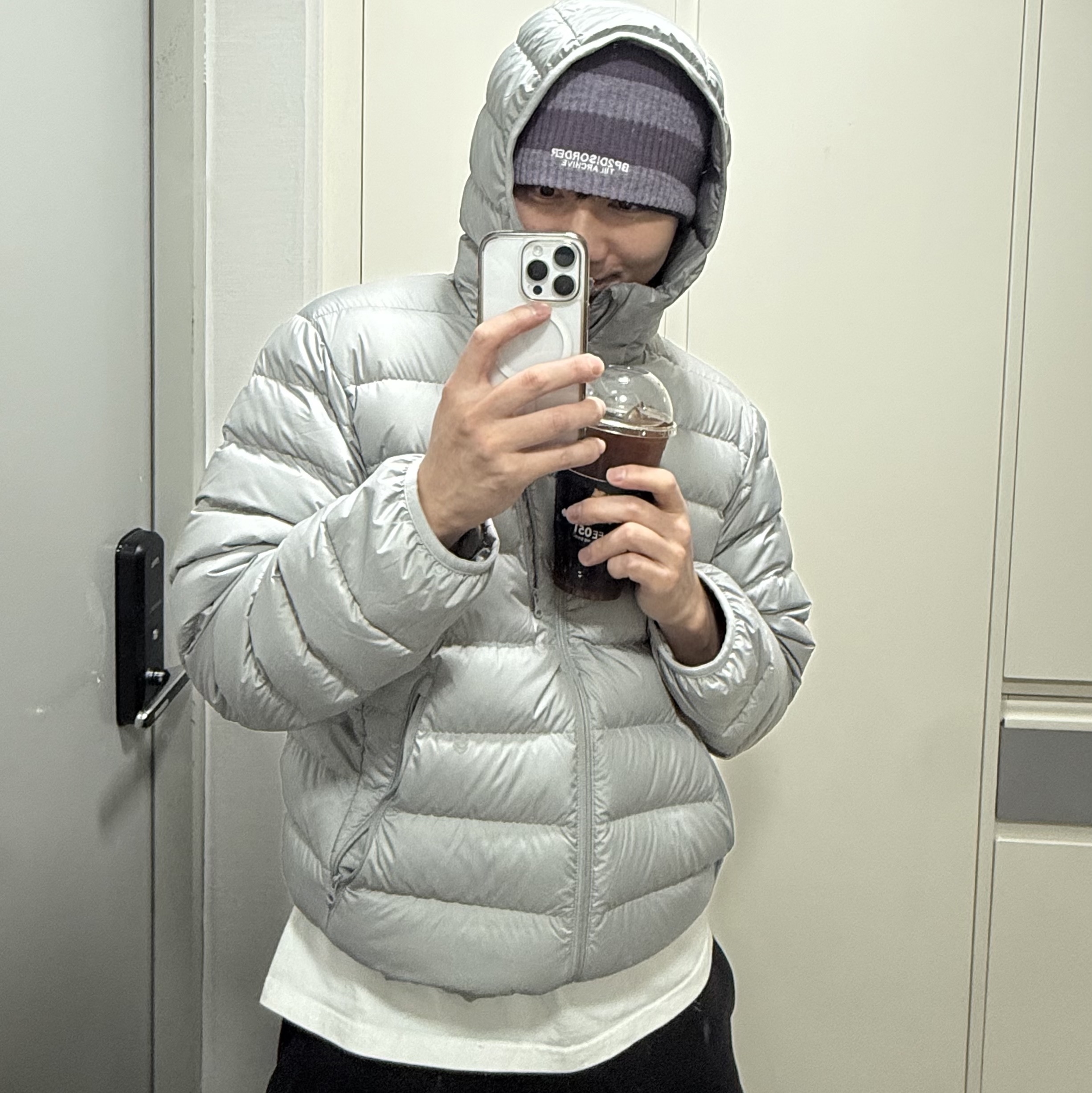 Musinsa Standard City Leisure Hooded Light Down Jacket Light Grey 착용 스타일