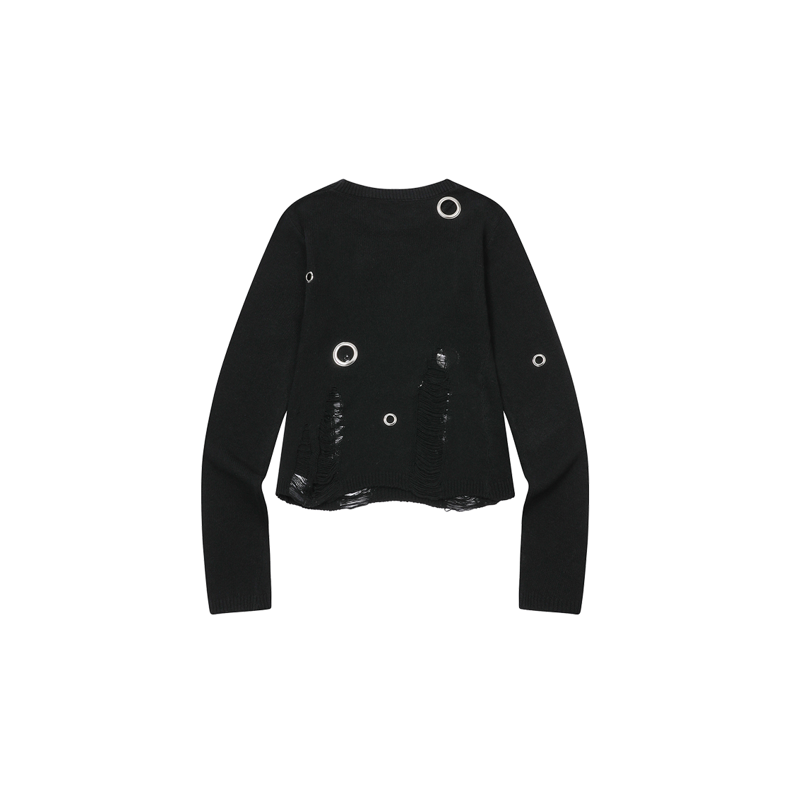 무센트 웨건 메탈 로고 하트 패치 아일렛 데미지 니트 블랙(MUCENT Wagon Metal Logo Heart Patch Eyelet Damage Knit Black) - 2