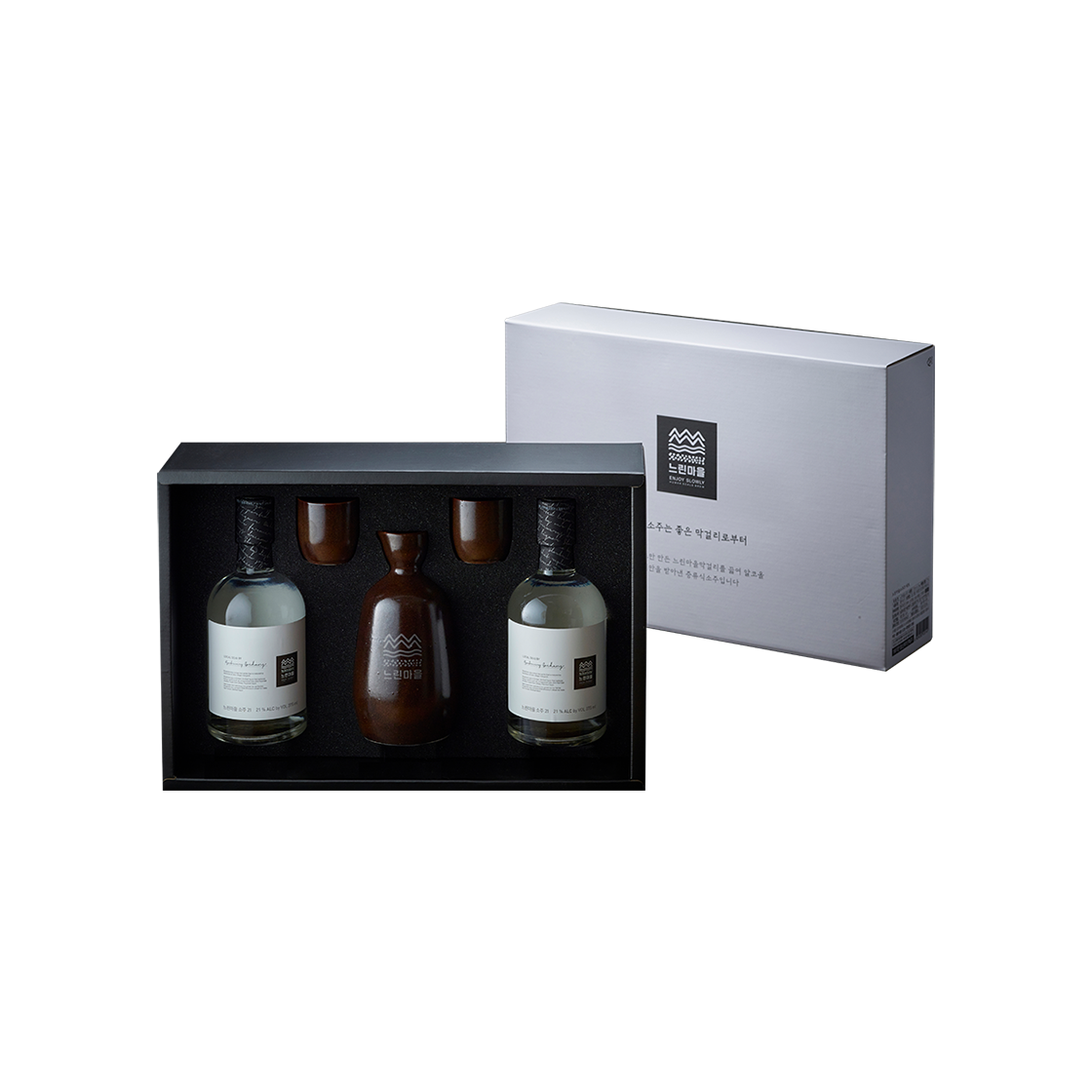 느린마을 느린마을소주 21도 375ml 도자주기 세트(Slow village Soju 21 375ml x 1 Btl. With Ceramic Decanter & 2 Glasses Gift Box)