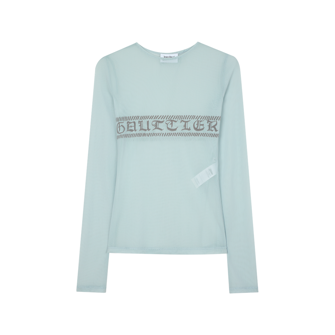 장 폴 고티에 우먼 메쉬 크루넥 롱 슬리브 탑 위드 "Gaultier" 플록 라이트블루 - 26SS(Jean Paul Gaultier Women Mesh Crewneck Long Sleeves Top With "Gaultier" Flock Lightblue - 26SS)