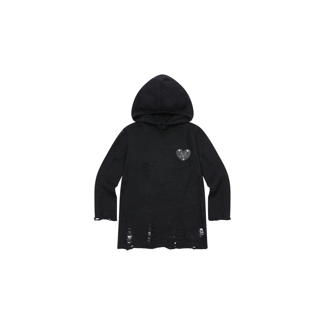 P0000BKA MUCENT Nev Metal Logo Heart Patch Damage Knit Hood T Black