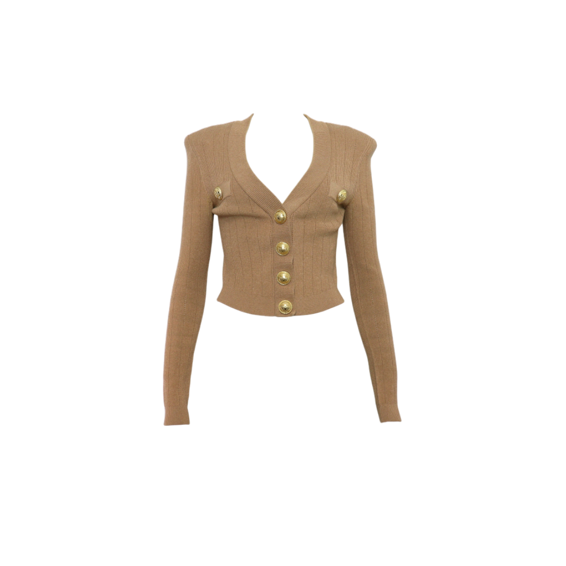 ITGH6CSAGQID Balmain Brown Blend Gold Button Cropped Women's Knit Cardigan