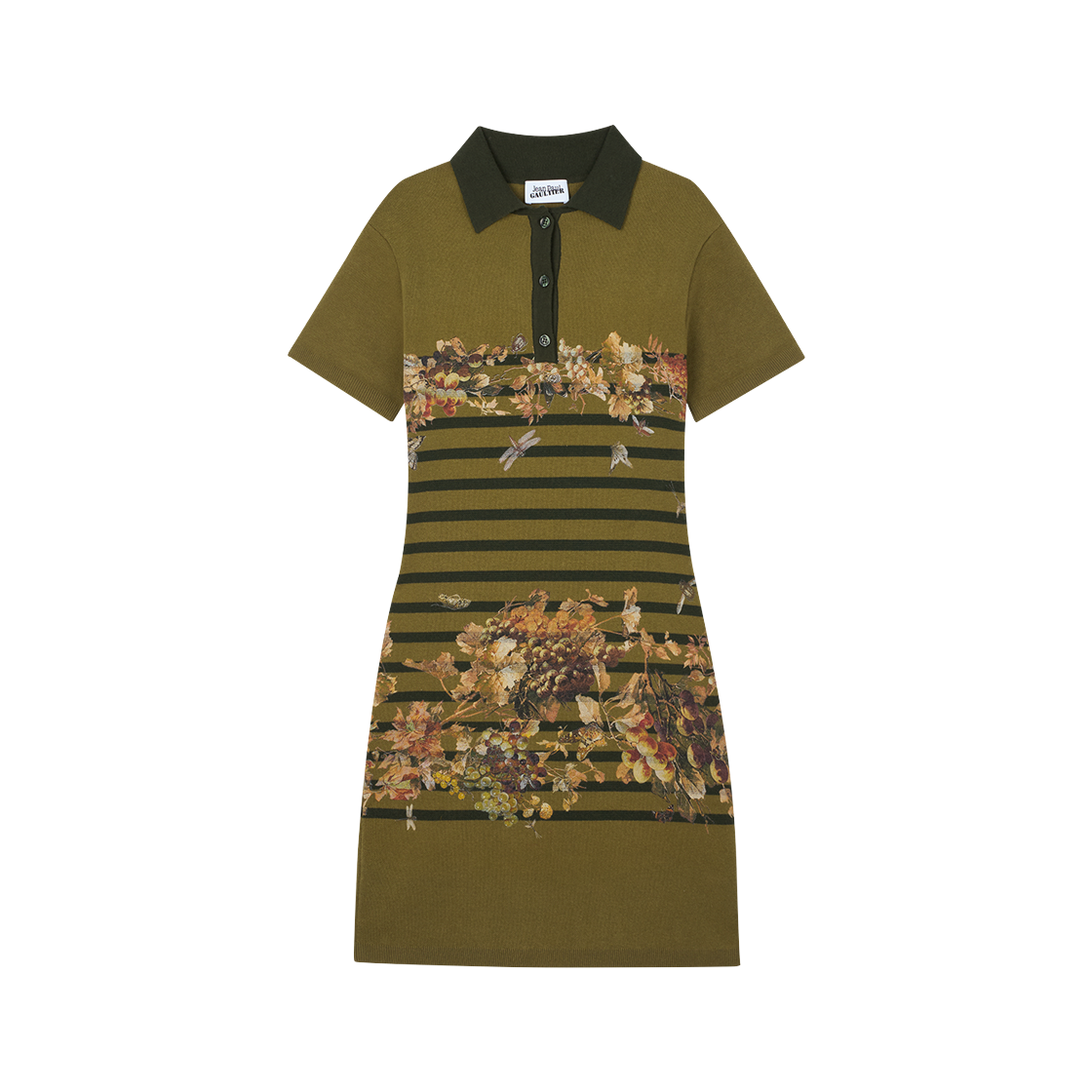 장 폴 고티에 우먼 코튼 피케 폴로 넥 숏 드레스 프린티드 "Mariniere Grape" 카키 – 26SS(Jean Paul Gaultier Women Cotton Pique Polo Neck Short Dress Printed "Mariniere Grape" Khaki - 26SS)
