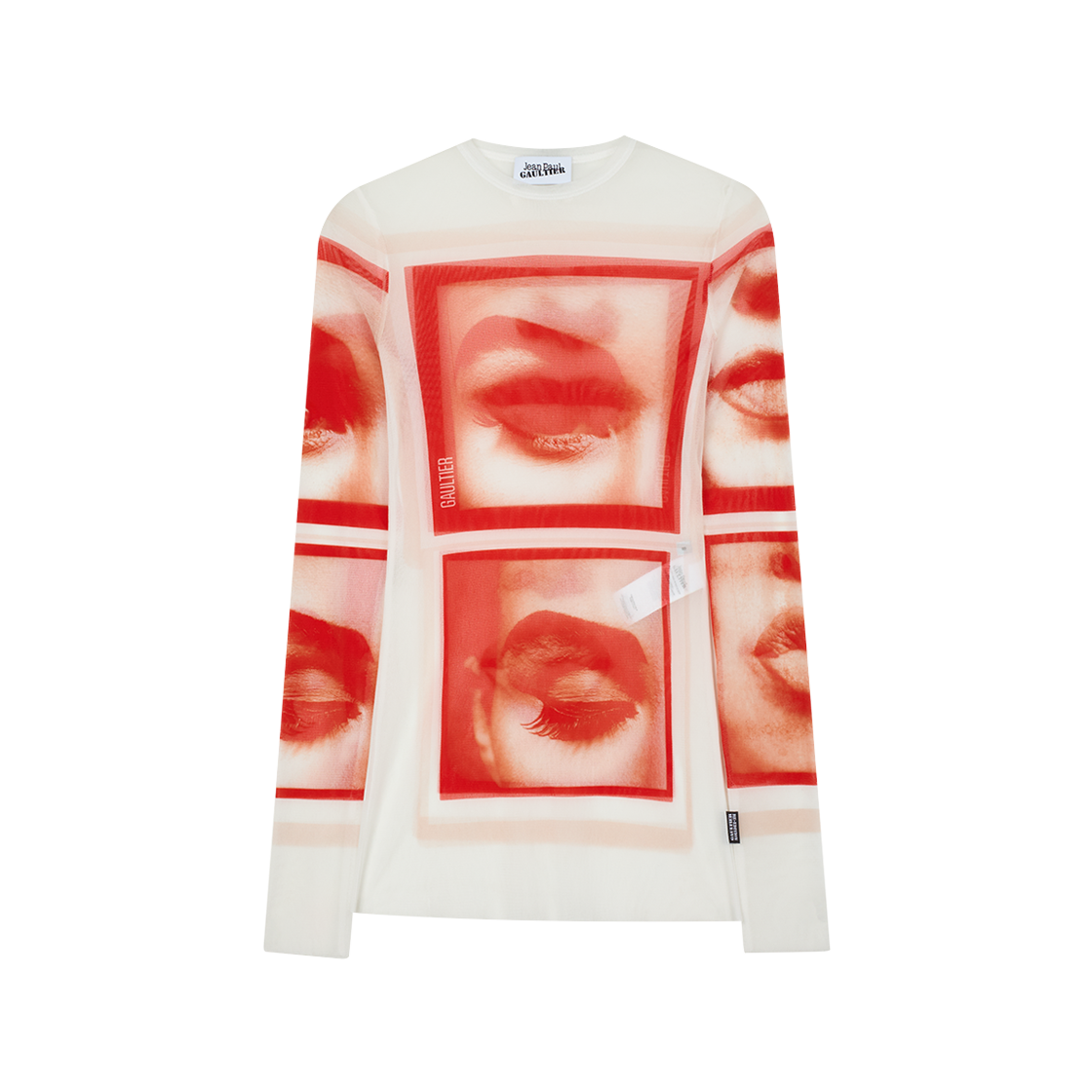 장 폴 고티에 우먼 리-에디션 : 메쉬 롱슬리브 탑 프린티드 "Eyes" 앤 "Lips" 화이트 – 26SS(Jean Paul Gaultier Women Re-Edition : Mesh Longsleeve Top Printed "Eyes" And "Lips" White - 26SS)